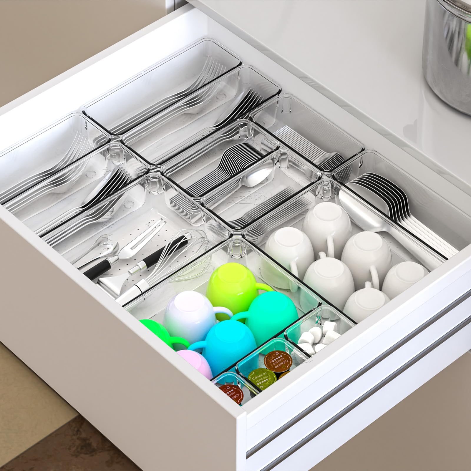 Yieach 13-Piece Clear Drawer Organizer Set - 5 Sizes for Desk, Bathroom & Kitchen Storage | Perfect for Makeup, Jewelry, Gadgets & Office Supplies | Ideal for Bedroom, Bathroom & Office Organization