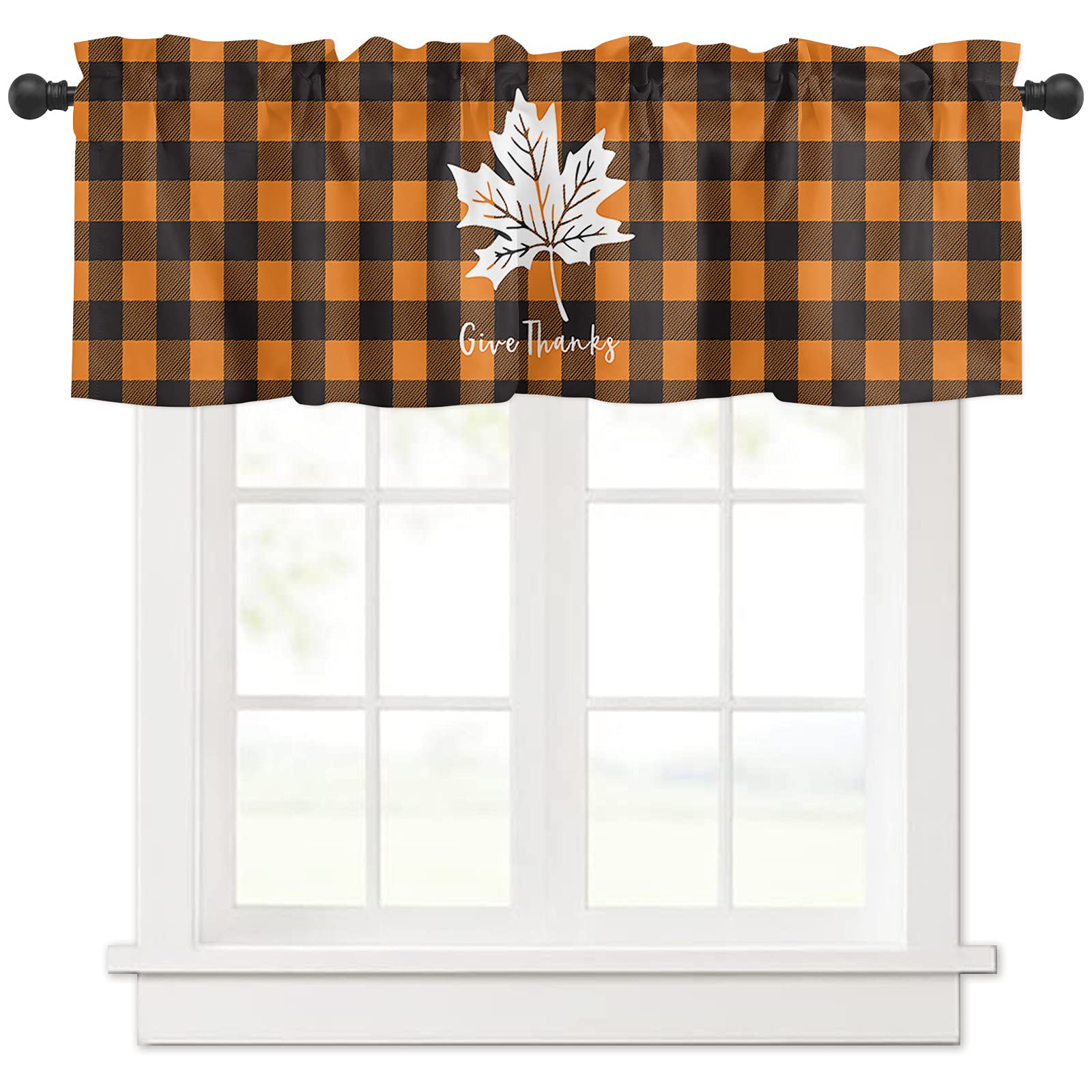 Thanksgiving Kitchen Curtain Valances - Maple Leaf & Buffalo Plaid Window Treatments, 54x18 Inches, Orange & Black, Rod Pocket Design for Fall Decor - Perfect for Autumn, Thanksgiving, and Seasonal Home Decor