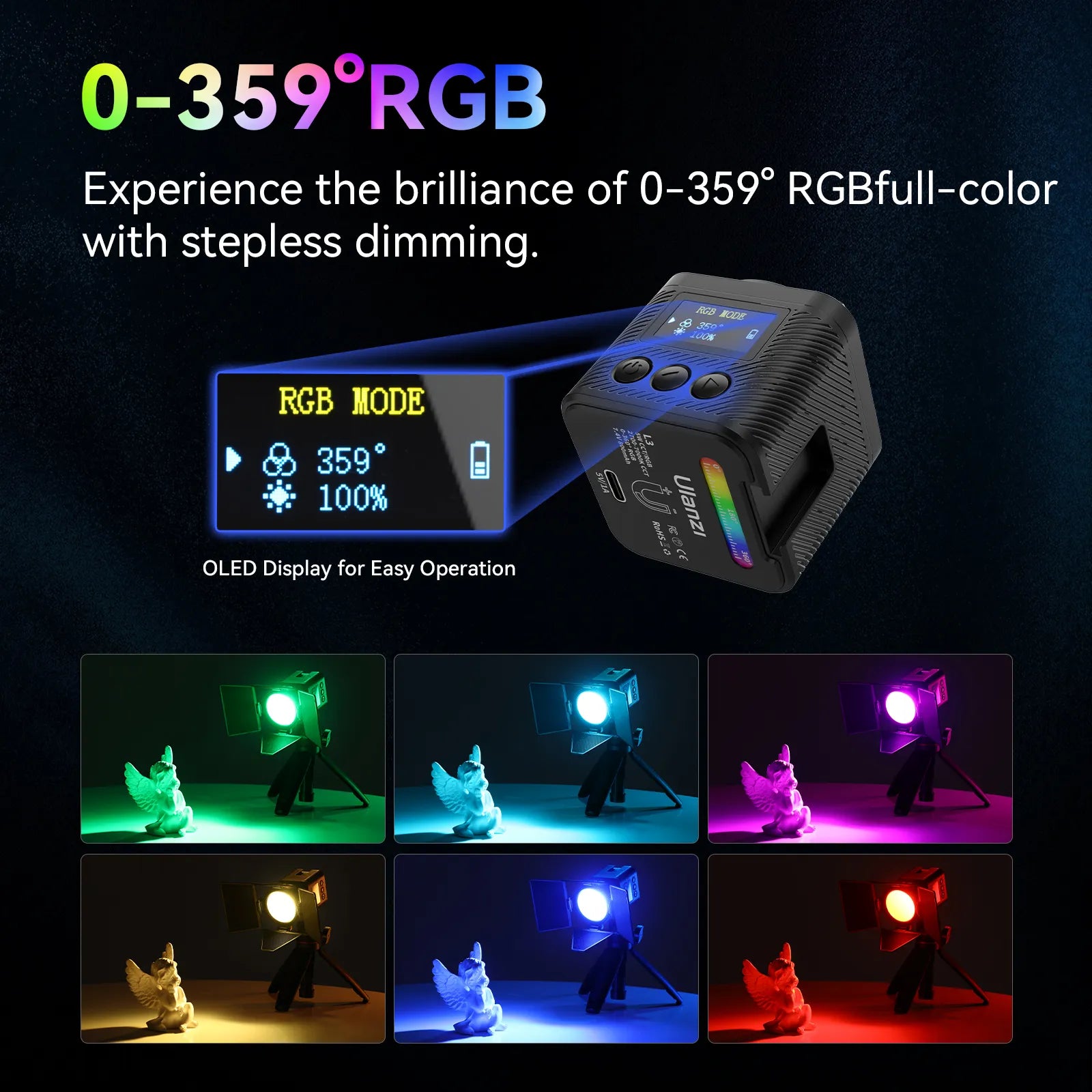 Ulanzi L3 RGB LED Video Light - 3200K-5600K Adjustable, 2600mAh Battery, Portable Lighting for YouTube, Vlogging, Photography, Live Streaming & Content Creation