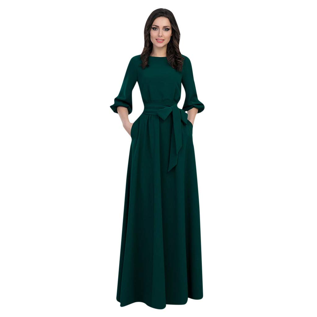 WYTong Women's Summer Casual Party Dress with Pockets - Lantern Sleeve Solid Long Dress with Belt for Outdoor Events, Weddings & Date Nights
