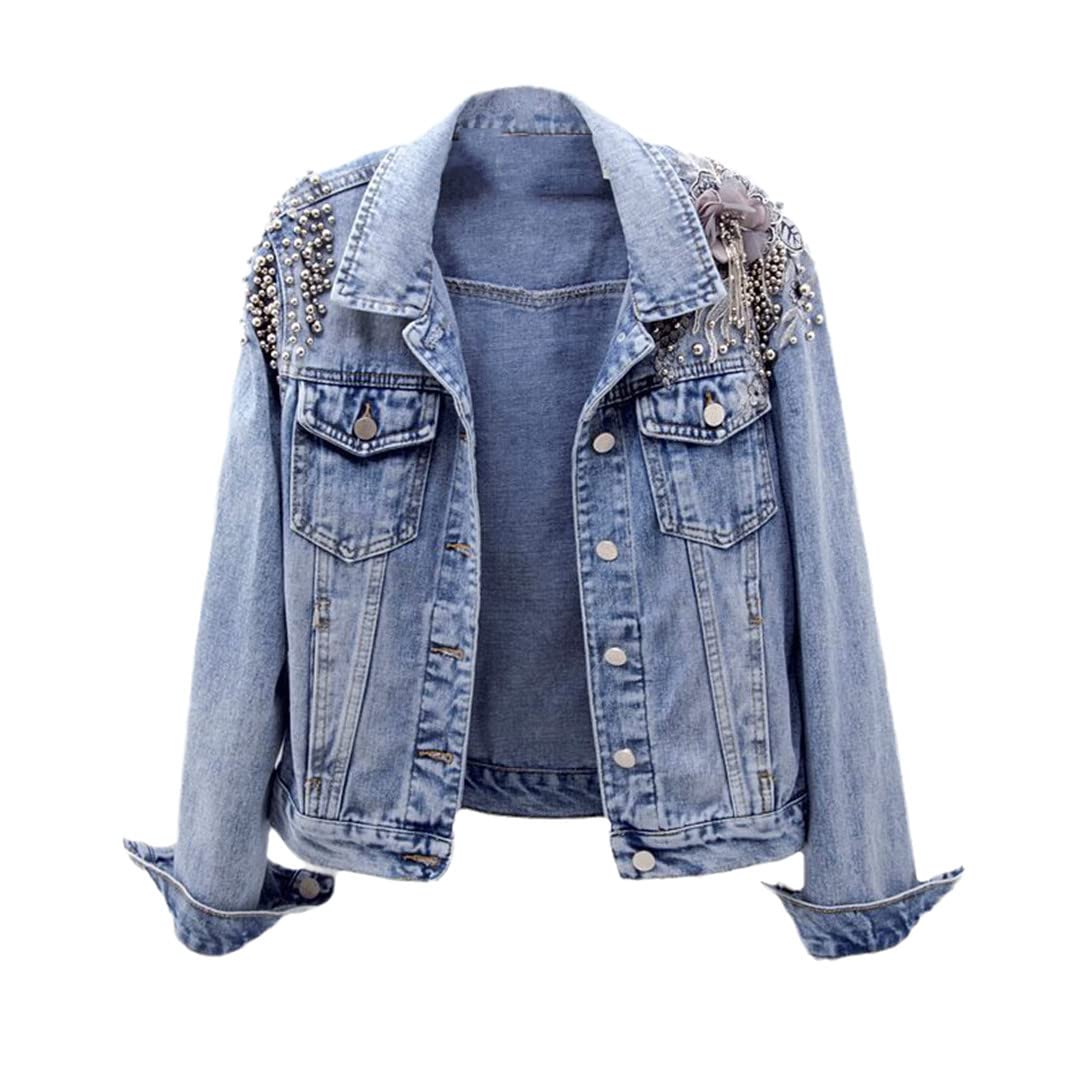 Stylish Women's Denim Jacket with Beaded Details & Turn-Down Collar - Long Sleeve Slim Fit Casual Outerwear for Spring & Fall | Perfect for Everyday Wear, Date Nights & Outdoor Activities