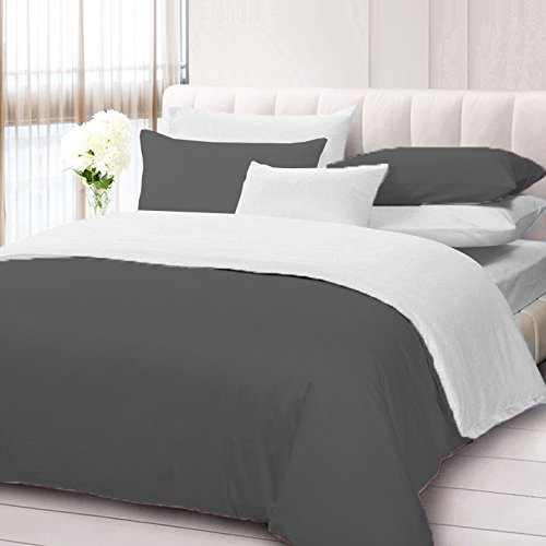 7-Piece Reversible Bedding Set - 100% Egyptian Cotton 500 Thread Count Twin Size (3-Piece Duvet Cover + 4-Piece Sheet Set) in Solid Gray/White - Luxury Soft Breathable Sheets for Bedroom, Guest Room & Dorm