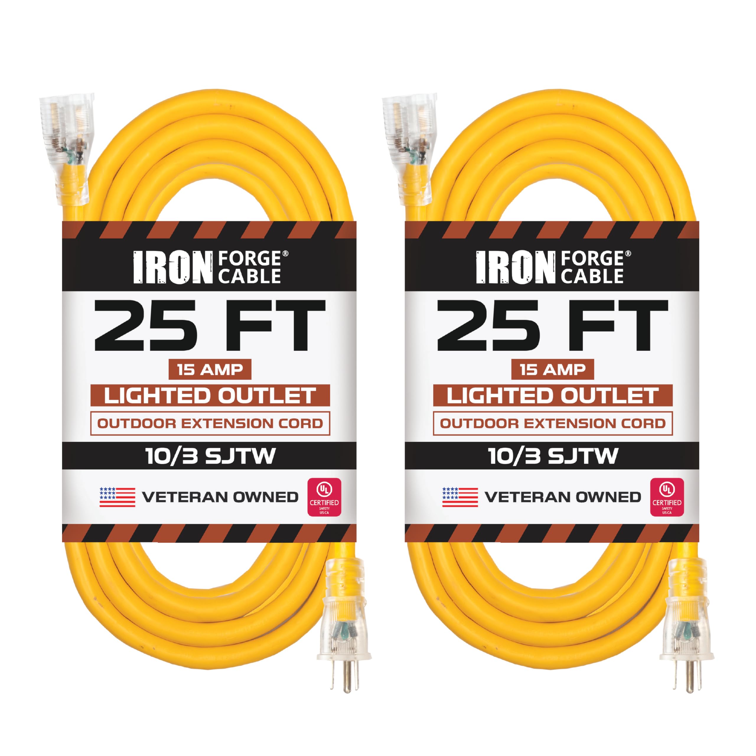 Iron Forge 25FT Outdoor Extension Cord 2 Pack - 10/3 SJTW Heavy Duty Yellow 10 Gauge Power Cable with 3 Prong Grounded Plug, 15 AMP Safety Rated - Perfect for Garden Tools, Power Equipment & Major Appliances - Weatherproof for Outdoor Use in Yards, Workshops & Construction Sites