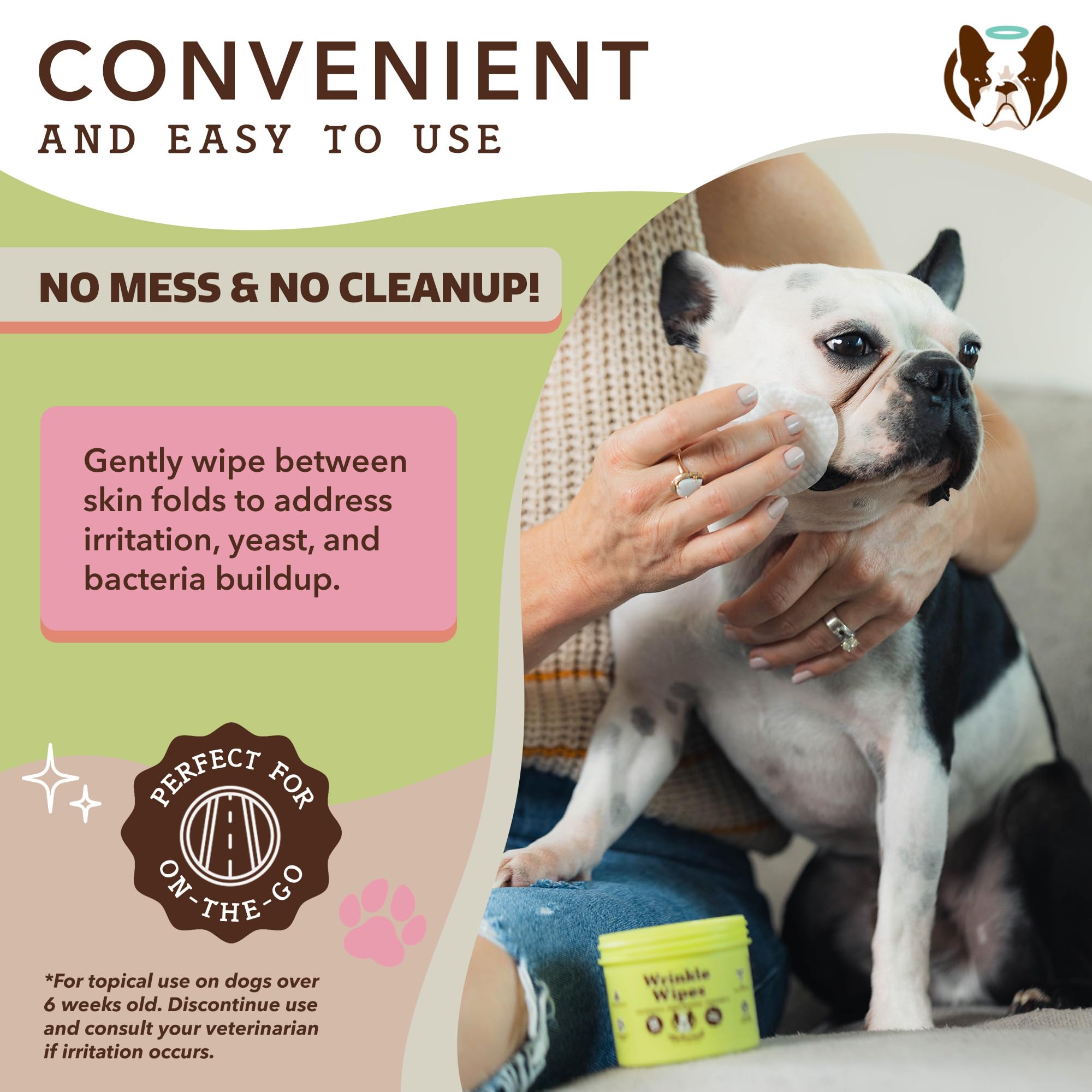 Natural Dog Wrinkle Wipes for Dogs - Hypoallergenic Grooming Wipes for French Bulldogs, Paws & Butts - 50 Count, Cleaning & Deodorizing - Perfect for Daily Face Cleaning, Post-Walk Paw Care & Odor Control