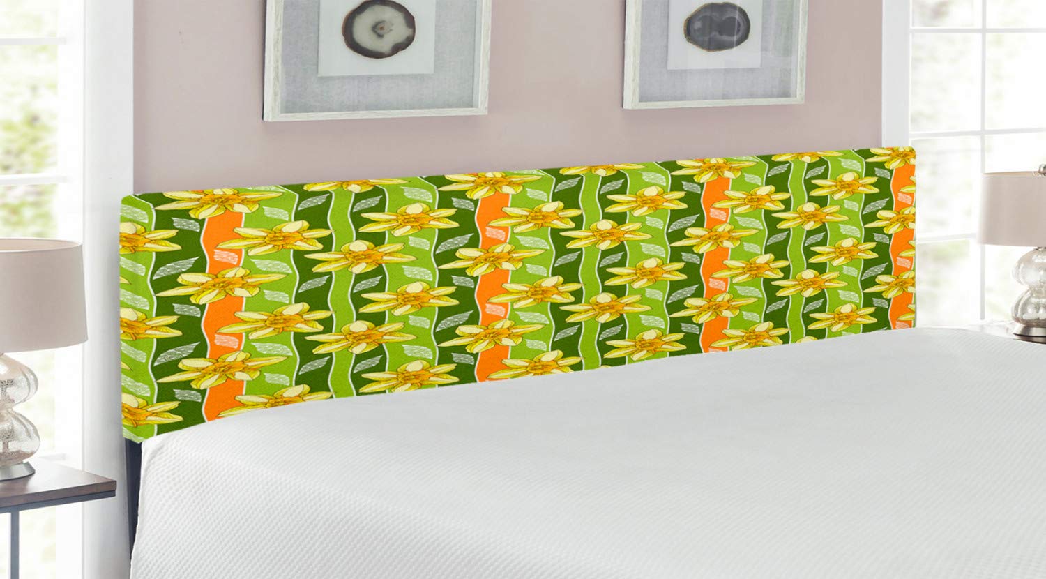 Ambesonne Daffodil Upholstered Headboard - Modern Floral Design with Memory Foam, King Size Bed Frame in Green & Yellow | Perfect for Bedroom Decor, Guest Rooms & Bohemian Style Interiors