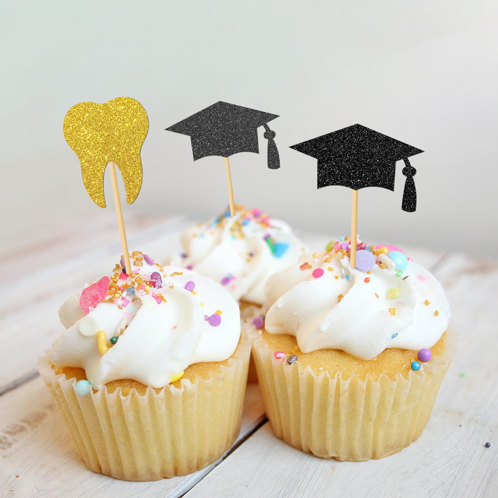 24 Pcs Dentist Graduation Cupcake Toppers - Gold Black Glitter Dental School Decorations for Graduation Party, Doctor Graduation, Dental Hygienist Celebration - Perfect for Cupcakes, Cakes, and Dessert Table Decor