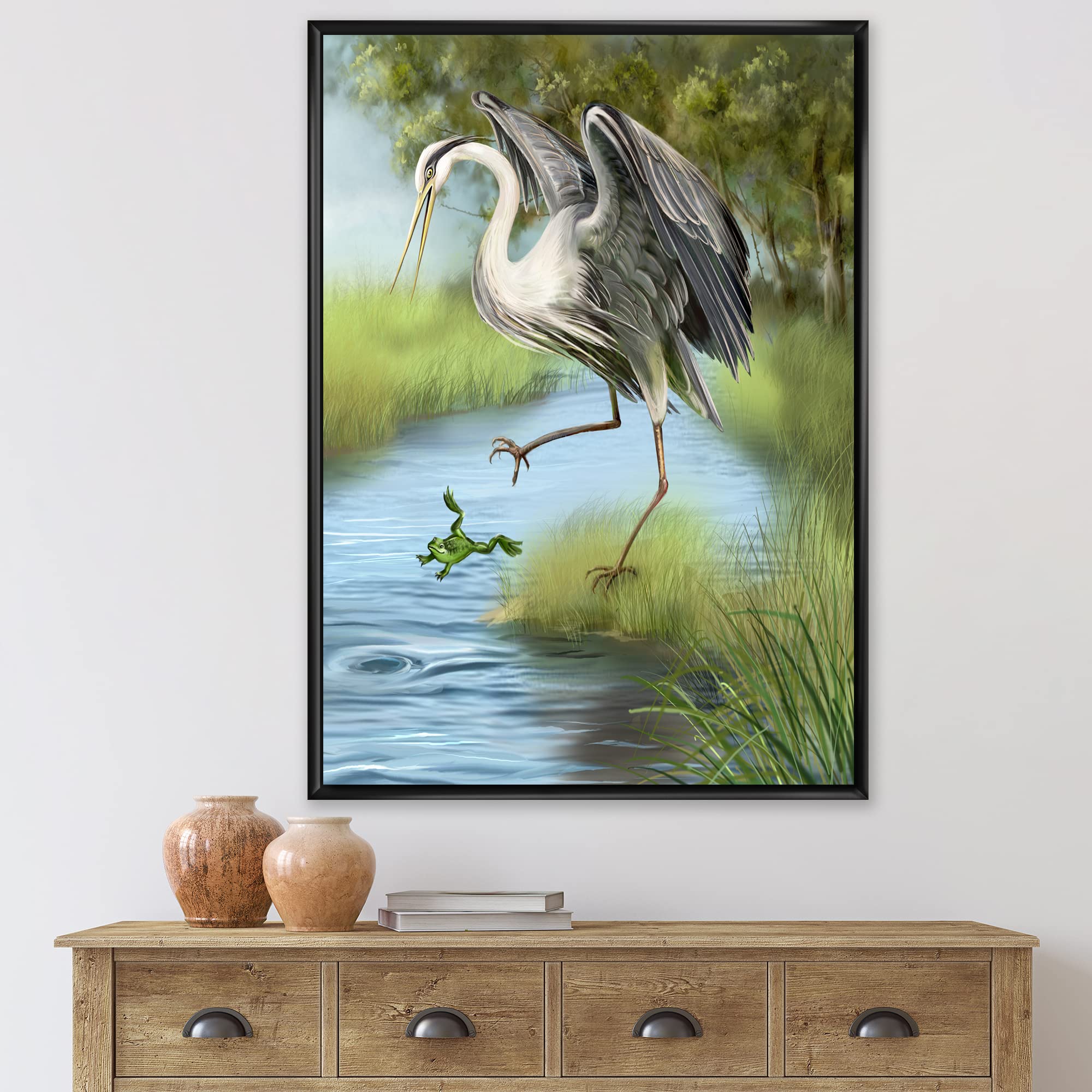 Farmhouse Framed Canvas Wall Art Print - DesignQ Crane Hunting A Frog In The Water - Perfect for Living Room, Bedroom & Office Decor