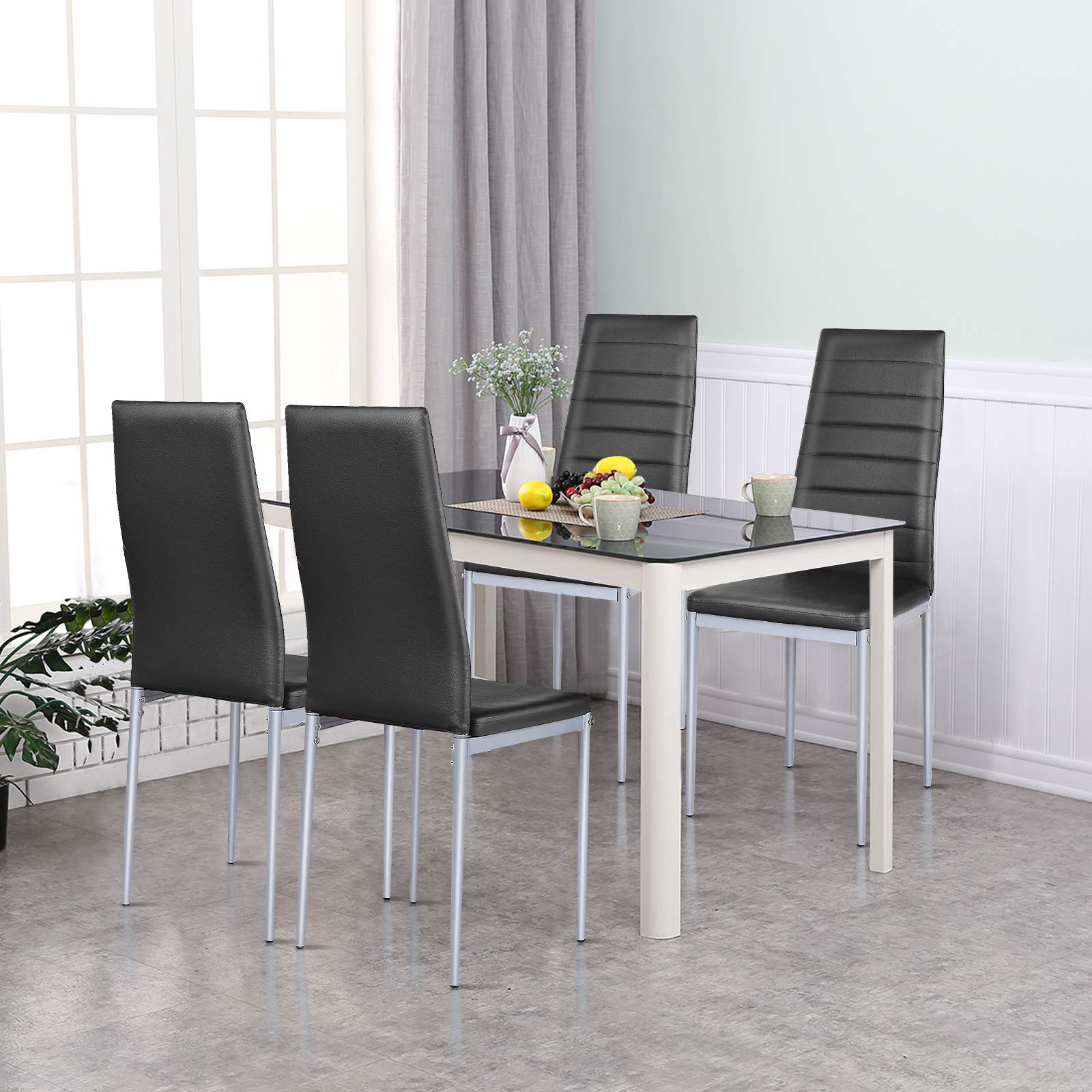 KOTEK PU Leather Dining Chairs Set of 4 - Ergonomic High Back Upholstered Side Chairs with Sturdy Steel Frame - Perfect for Kitchen, Dining Room, Restaurant & Office Use (Black)