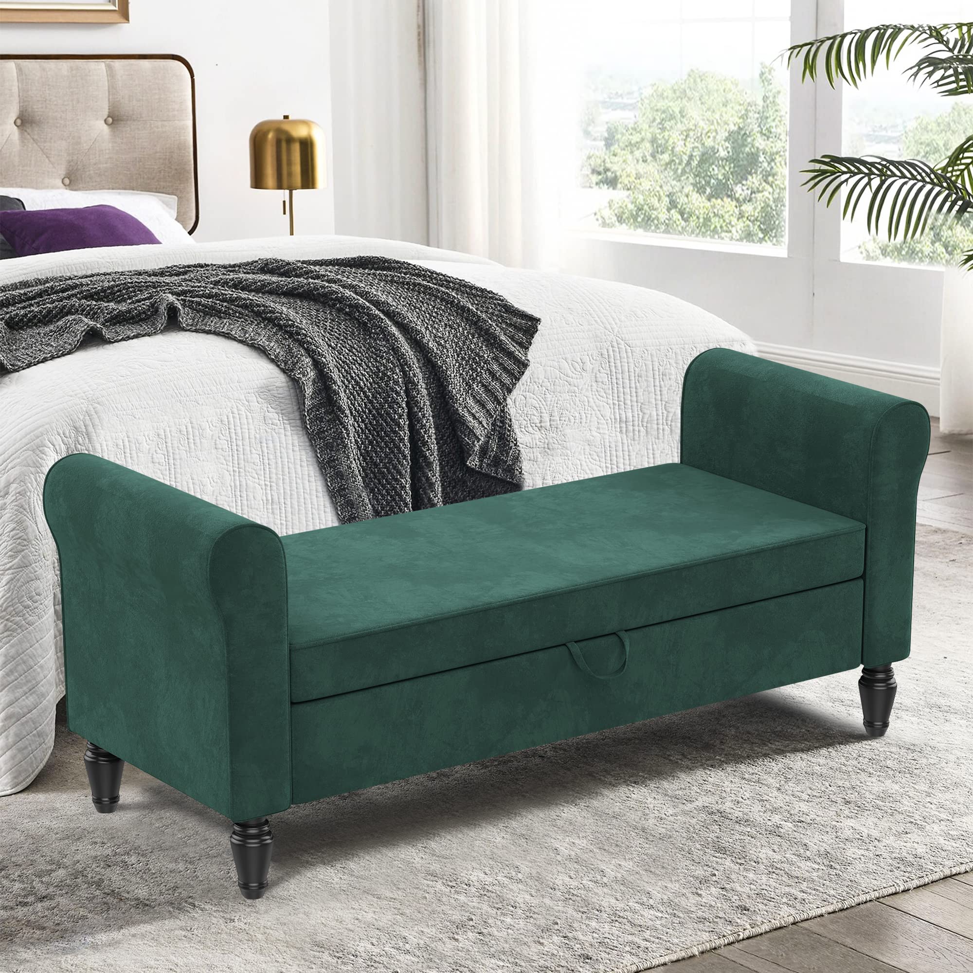 Alunaune Velvet Upholstered Storage Bench - Modern Rolled Arm Ottoman for Bedroom, Living Room & Entryway - Green | Bed Seat, Couch End Bench, Settee with Hidden Storage Compartment | Perfect for Small Spaces, Home Decor & Extra Seating
