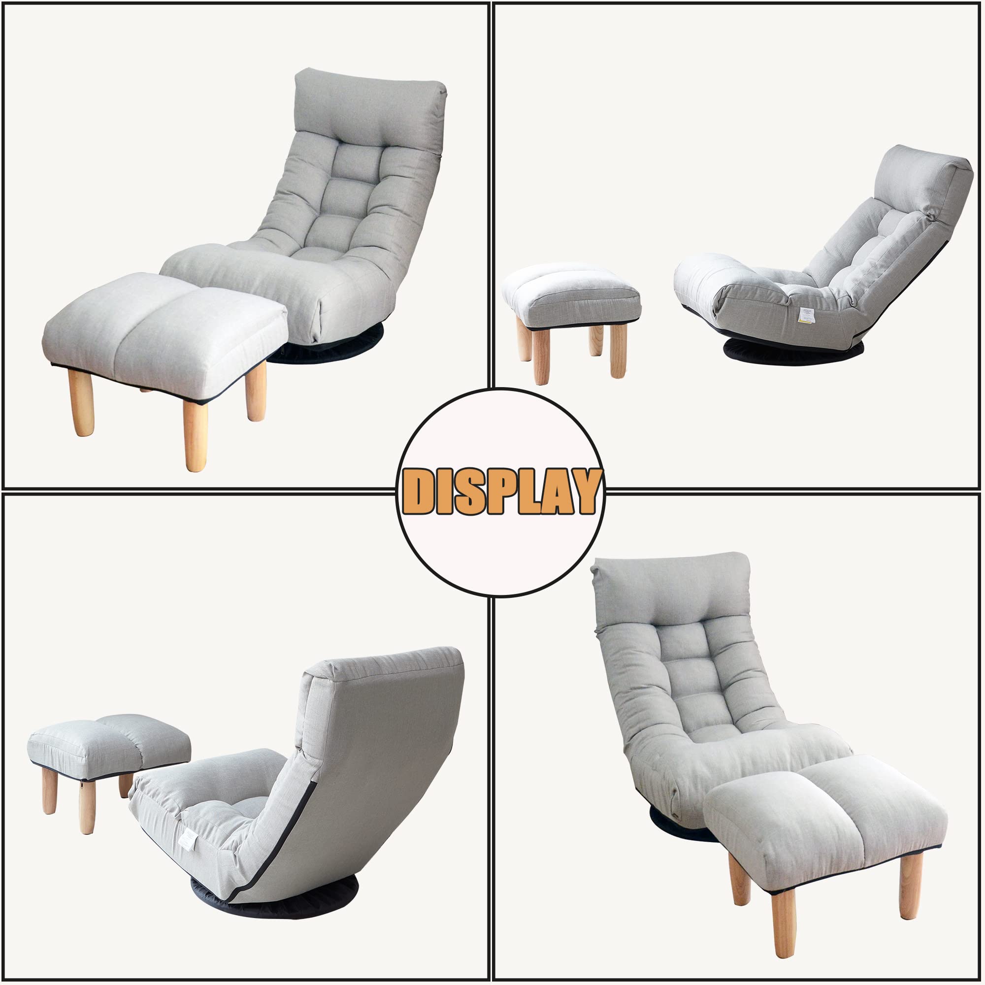 Merax Adjustable Floor Chair - 3-Position Foldable Chaise Lounge with Cushioned Backrest & Footstool - Comfortable Swivel Gaming Chair for Bedroom, Office, or Living Room - Light Grey - Perfect for Reading, Gaming, and Relaxing