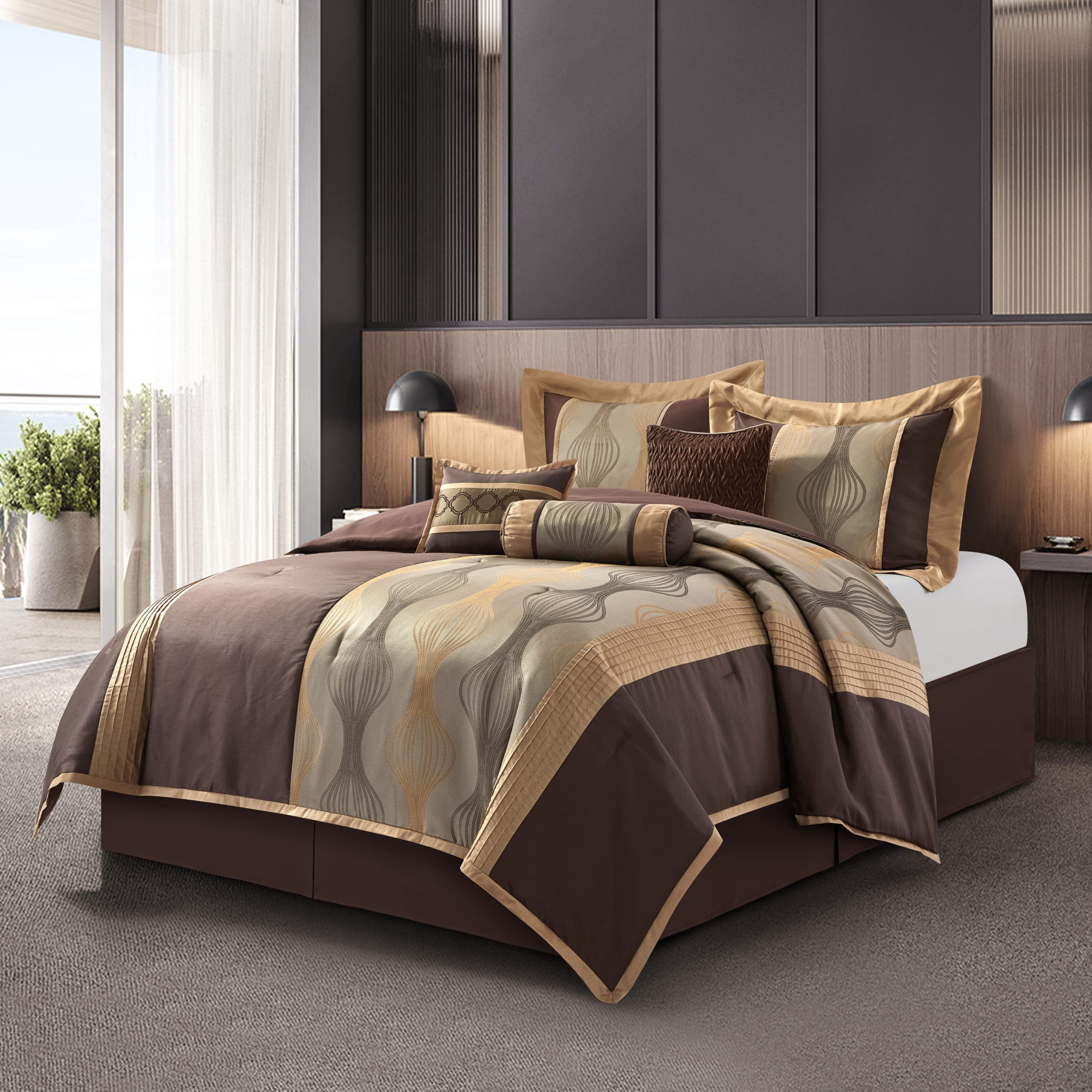 Grand Avenue Elegant Brown 7-Piece Queen Comforter Set - Striped Jacquard All-Season Bedding with Decorative Pillows & Shams | Perfect for Master Bedroom, Guest Room & Cozy Home Decor
