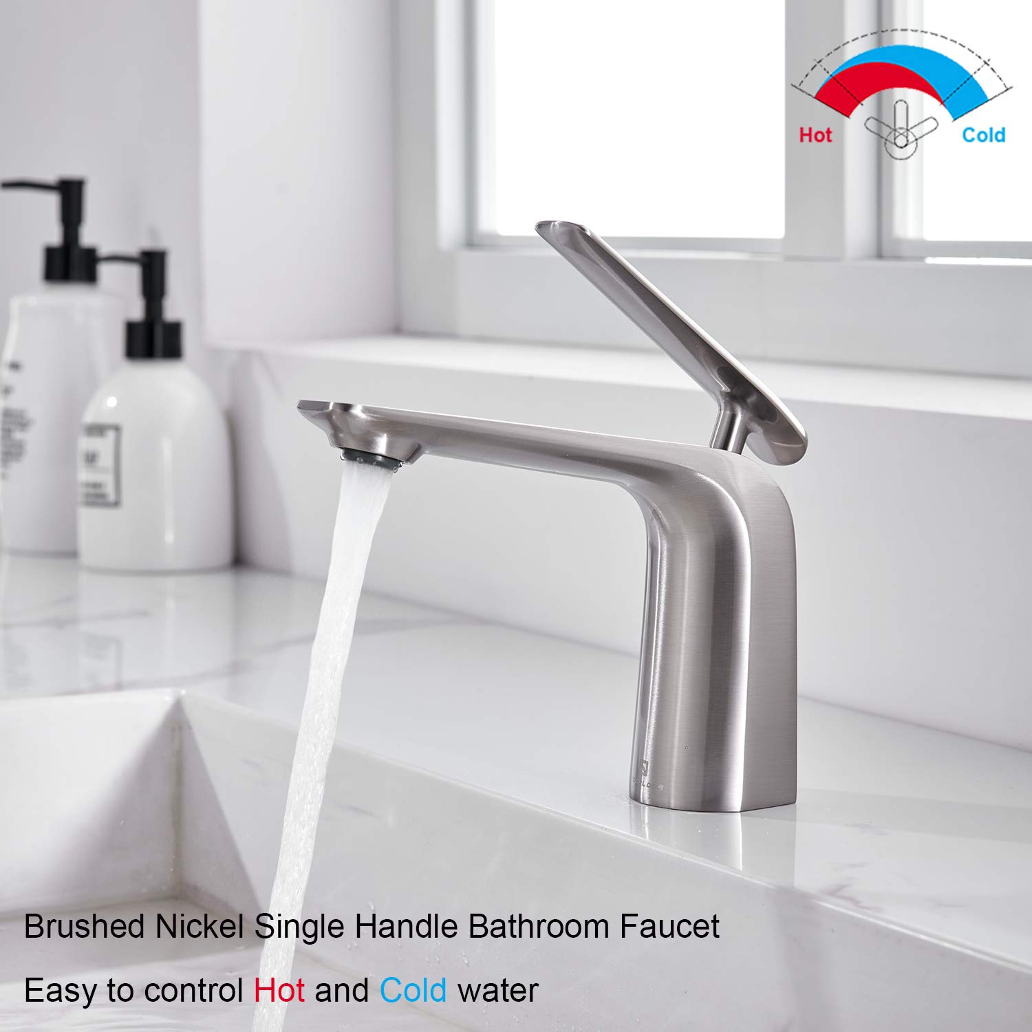 Premium Brushed Nickel Single Handle Bathroom Faucet - 1 Hole Modern Sink Mixer Tap with Brass Construction & Supply Hoses - Perfect for Vanity, Guest Bath & Powder Room Upgrades
