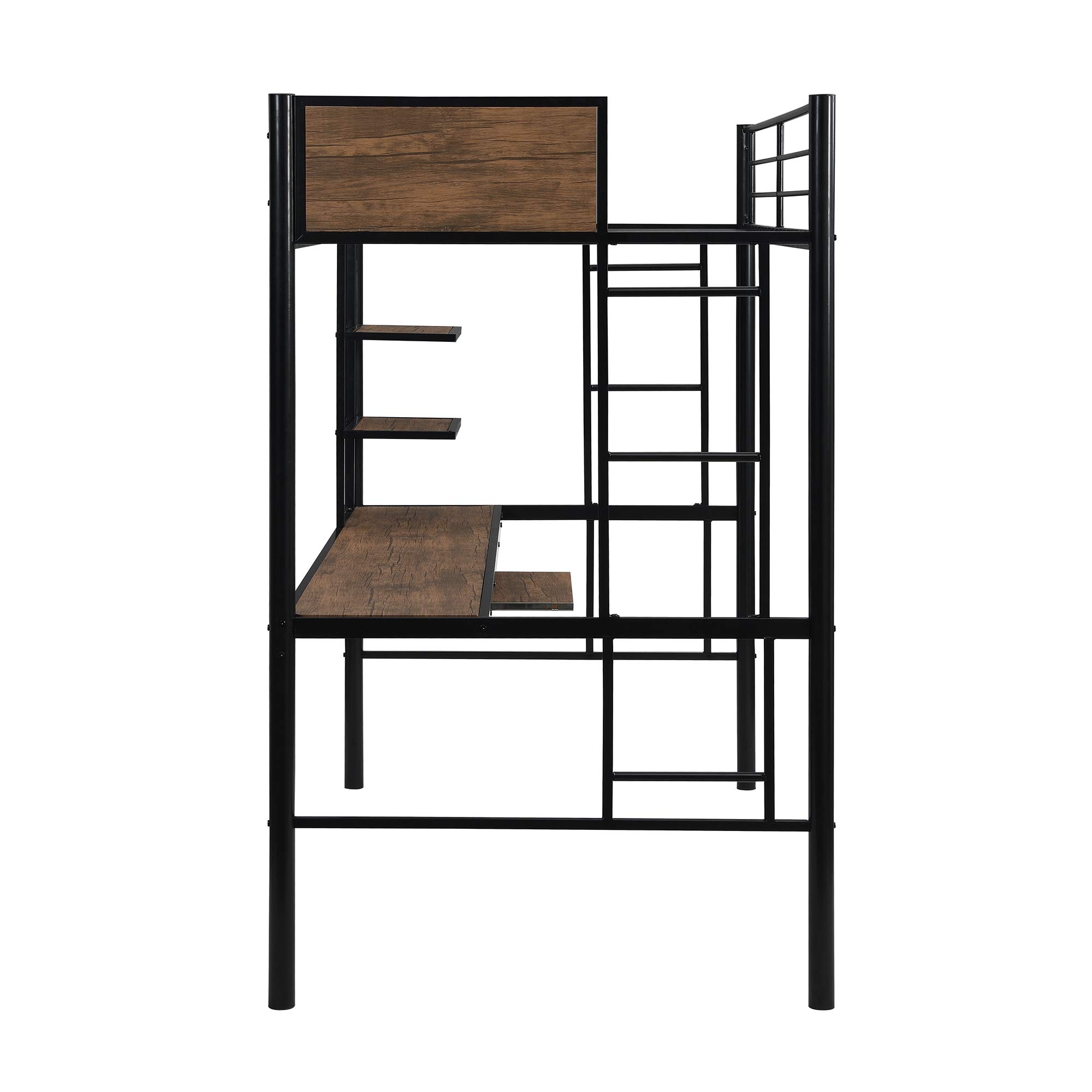 Twin Size Metal Bunk Bed Frame with Bilateral Ladders, Safety Guardrails, Built-in Desk & Bookcase - Space-Saving Loft Bed with Keyboard Tray for Kids & Teens | Perfect for Small Bedrooms, Dorms & Shared Kids' Rooms
