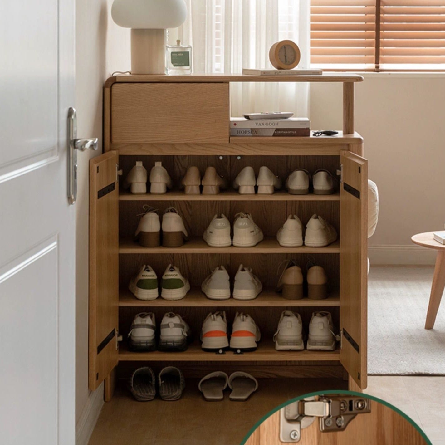 Solid Oak Wood Shoe Cabinet with Partition - Entryway Storage Organizer for Shoes, Boots & Accessories - Perfect for Porch, Mudroom, or Hallway Closet