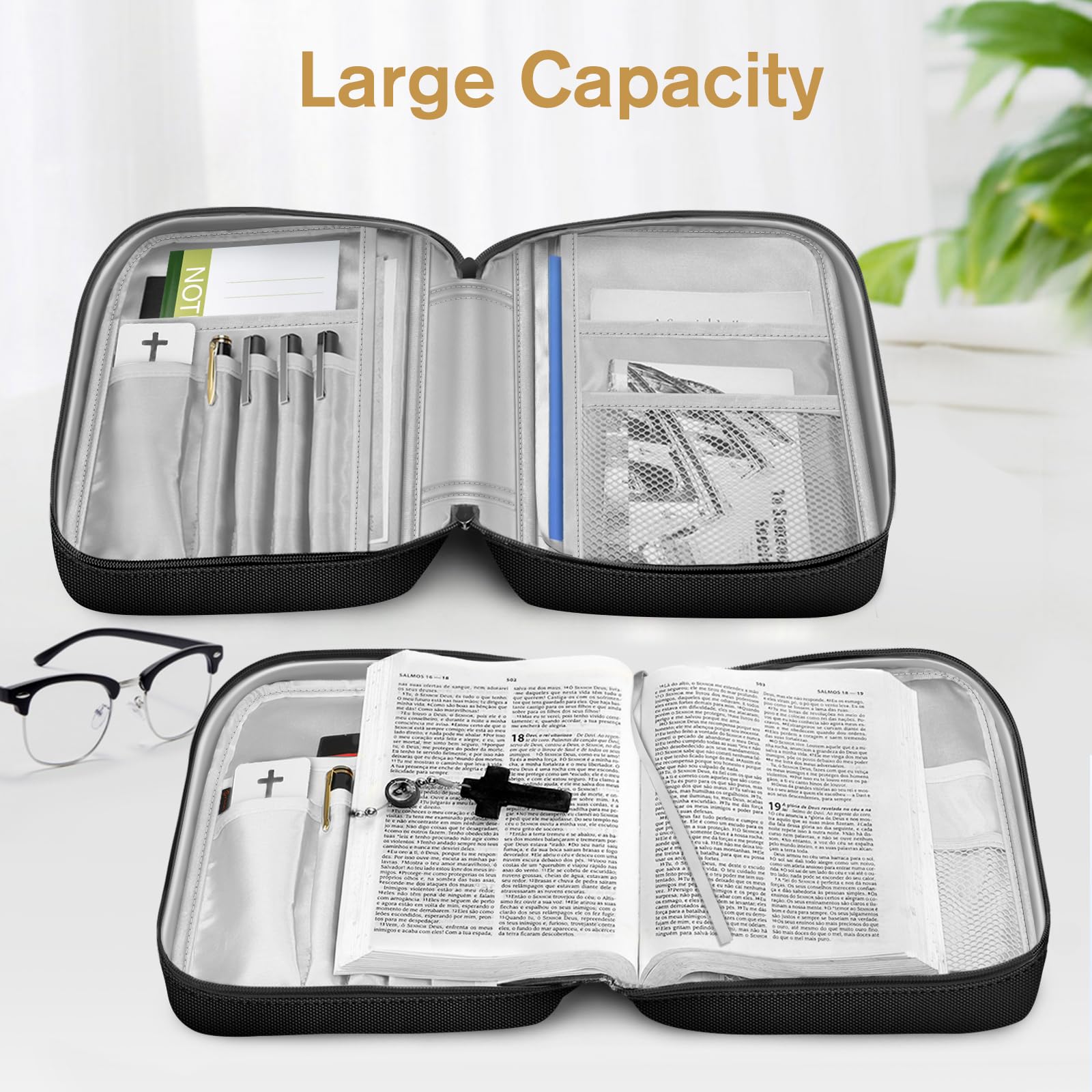 FINPAC Bible Cover with Handle & Zippered Pocket - Durable Protective Book Case for Church, Travel & Daily Use - Perfect Gift for Women, Men & Mothers (Black & Brown)