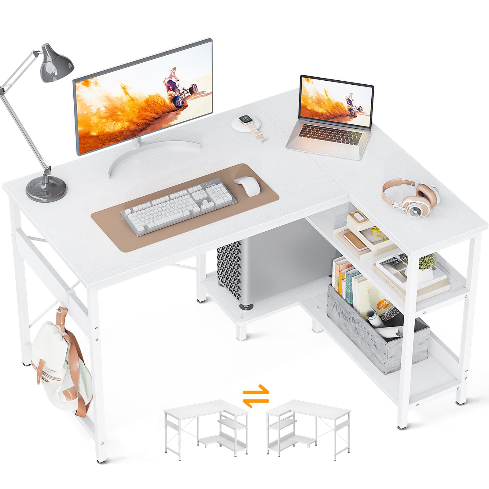 40 Inch Small L-Shaped Computer Desk with Reversible Storage Shelves - Modern Corner Writing Study Table with Iron Hook, White - Perfect for Home Office, Gaming & Small Spaces