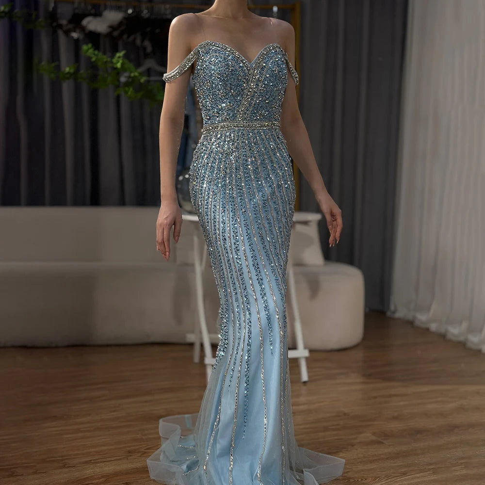 Elegant Dubai Blue Beaded Mermaid Prom Dress - Luxury Saudi Evening Gown for Formal Events & Special Occasions | Perfect for Weddings, Galas, and Red Carpet Events