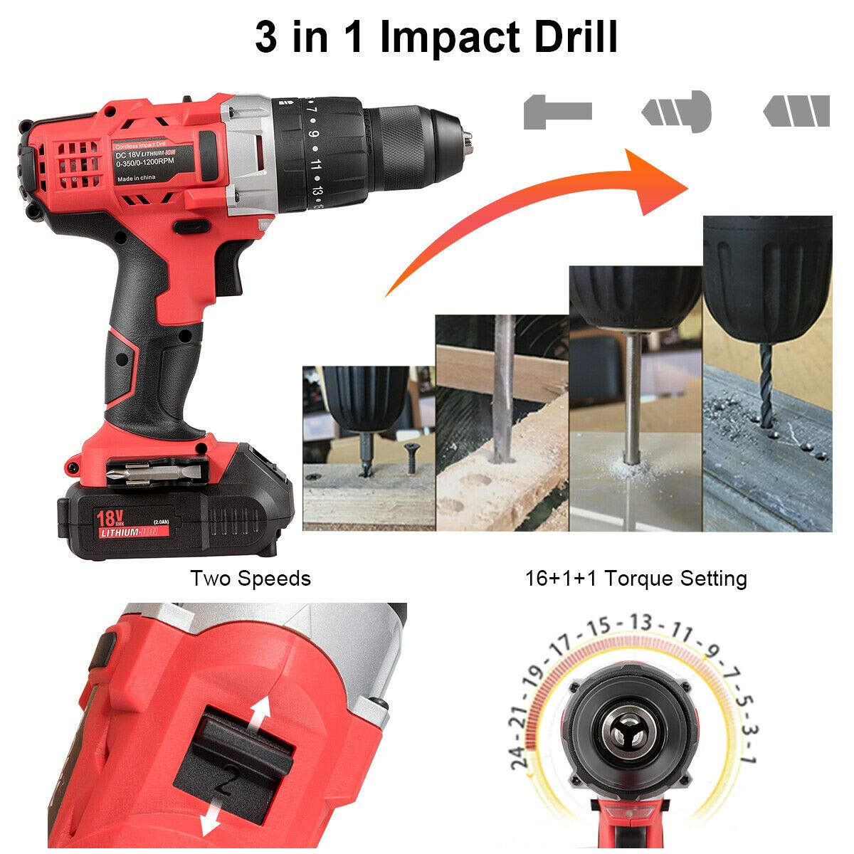 18V Cordless Drill Driver Impact Tool Kit with 1/2