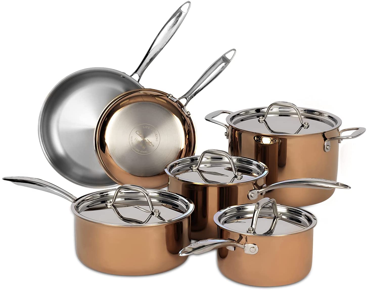 Premium 10-Piece Tri-Ply Copper Cookware Set with Stainless Steel Lids - Includes Stock Pot, 3 Saucepans & 2 Frying Pans - Professional Kitchen Essentials for Home Chefs & Cooking Enthusiasts - Perfect for Sautéing, Boiling & Frying Everyday Meals