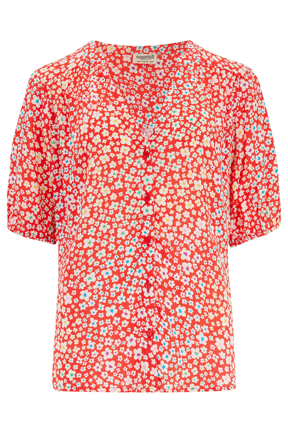 Connie Blouse - Red Rainbow Daisy Print Women's Top | Floral Blouse for Casual Wear, Office & Spring Outfits
