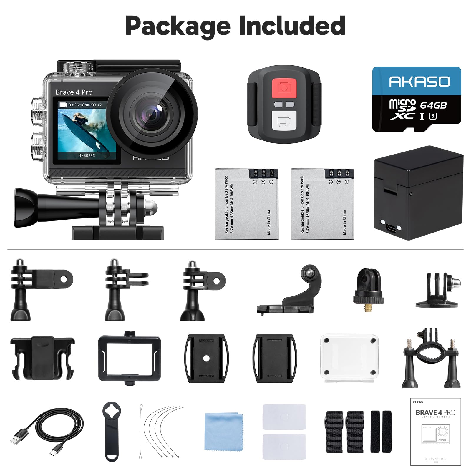 AKASO Brave 4 Pro 4K30 Waterproof Action Camera with 64GB MicroSD Card - 131FT Underwater, EIS Stabilization, Touch Screen, Remote Control, 2x1350mAh Batteries & Helmet Accessories Kit - Perfect for Diving, Surfing, Skiing & Extreme Sports Adventures