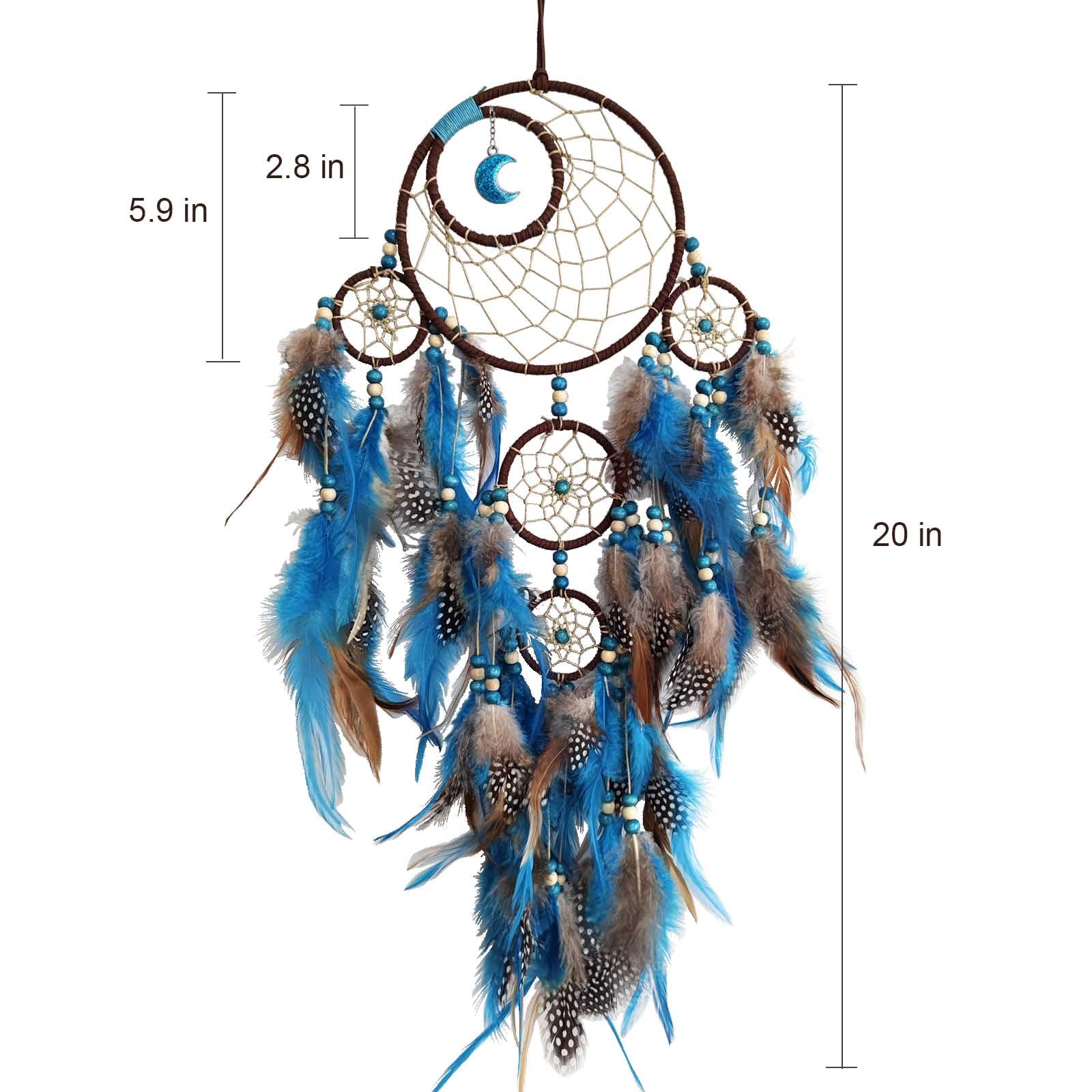 Blue Moon Dream Catchers - Handmade Native American Wall Hanging for Girls, Adults & Kids Bedroom Decor | Large Boho Dreamcatcher with Beads & Feathers | Perfect Spiritual Gift for Birthdays, Baby Showers & Home Decoration