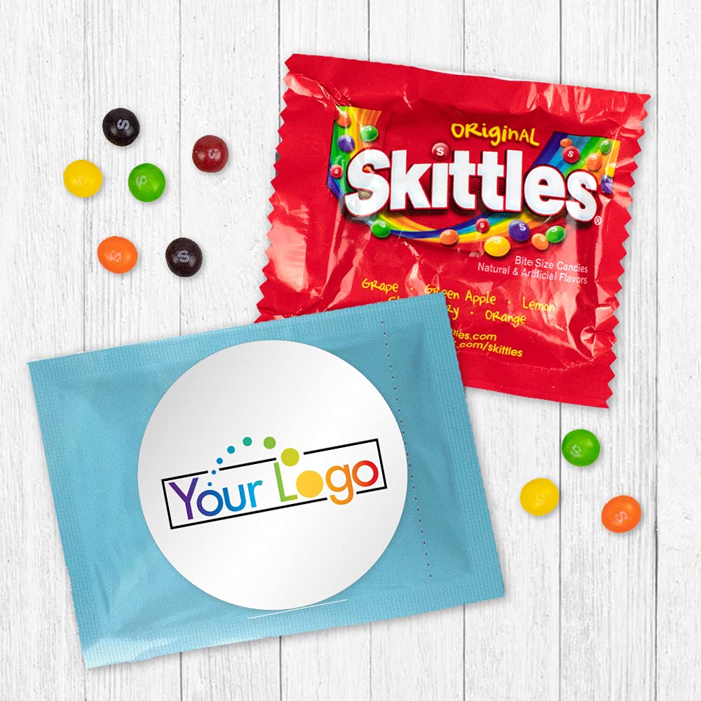 50 Pack Custom Logo Fun Size Candy Bags - Bulk Promotional Giveaways (3x4 Inch, Light Blue, Pre-Assembled) | Perfect for Trade Shows, Halloween Treats & Corporate Branding Events
