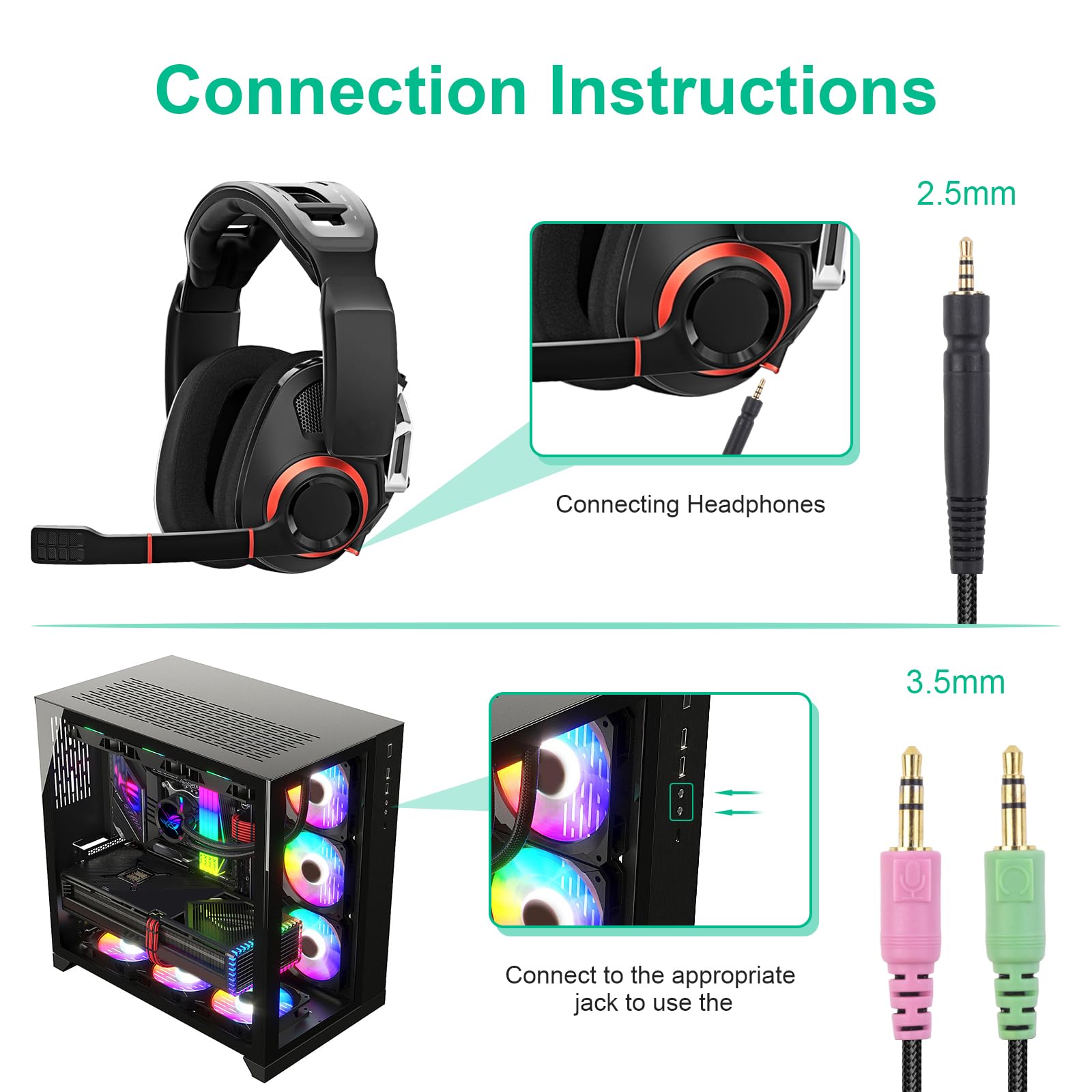 Premium Nylon Braided Replacement Audio Cable for Sennheiser GSP600, Game One, Game Zero, GSP 350, GSP 500, PC 373D Gaming Headsets - Durable Upgrade Cord for Enhanced Gaming & Streaming Experience