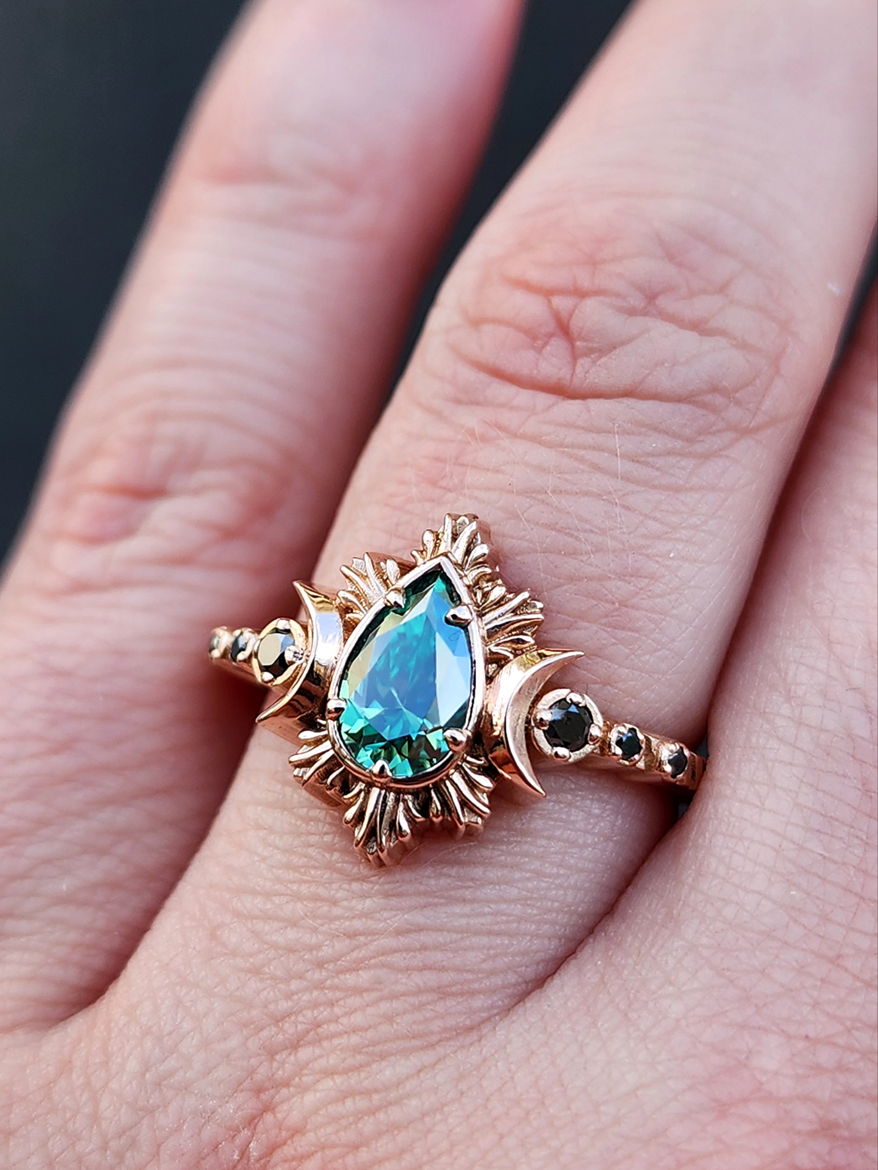 Green Moissanite Pear Moon Fire Lunar Engagement Ring - Black Diamonds & 14K Rose Gold Gothic Wedding Band for Women | Unique Crescent Design Alternative Bridal Jewelry for Proposals, Anniversaries & Gothic Weddings