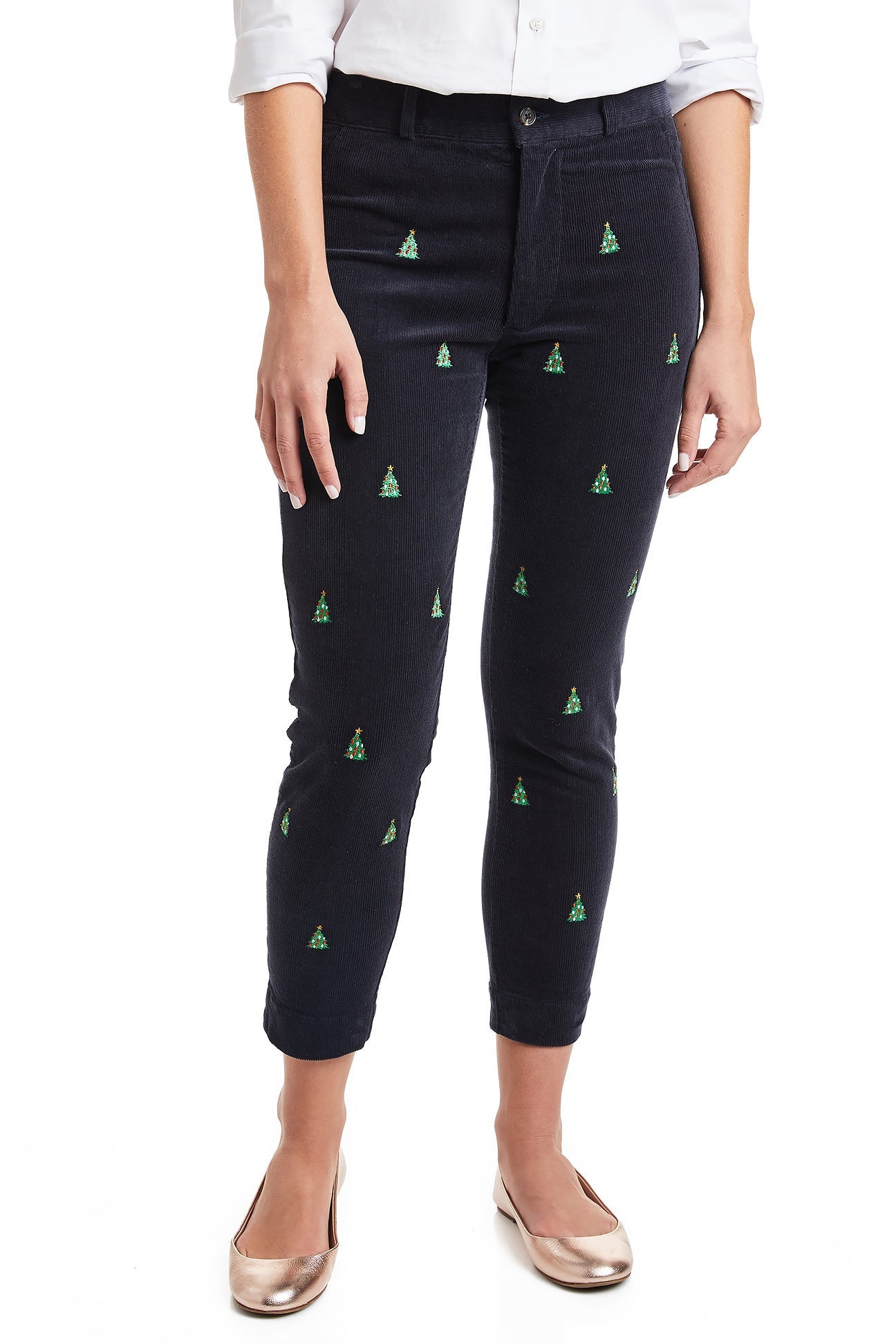 Beachcomber Corduroy Ankle Capri Pants in Nantucket Navy with Christmas Tree Print - Perfect for Holiday Parties & Winter Vacations