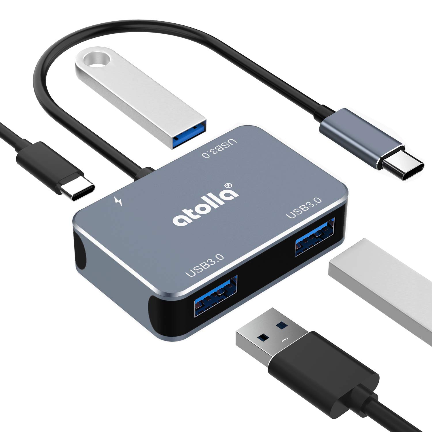 Atolla 4-in-1 USB C Hub with 3 USB 3.0 Ports & 60W PD - Aluminum USB C Adapter for MacBook Pro/Air, iPad Pro, Chromebook, Dell - Perfect for Home Office, Travel & Multi-Device Charging