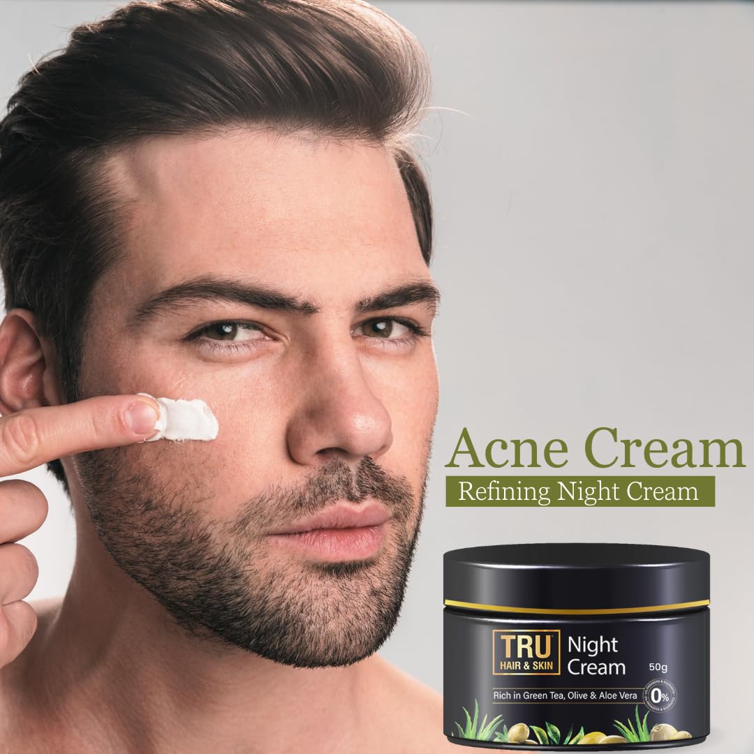 TRU HAIR & SKIN Green Tea & Niacinamide Night Cream for Acne Prone Skin - 50g | Fades Acne & Dark Spots | Hydrating Anti-Aging Face Moisturizer | Perfect for Nighttime Skincare Routine