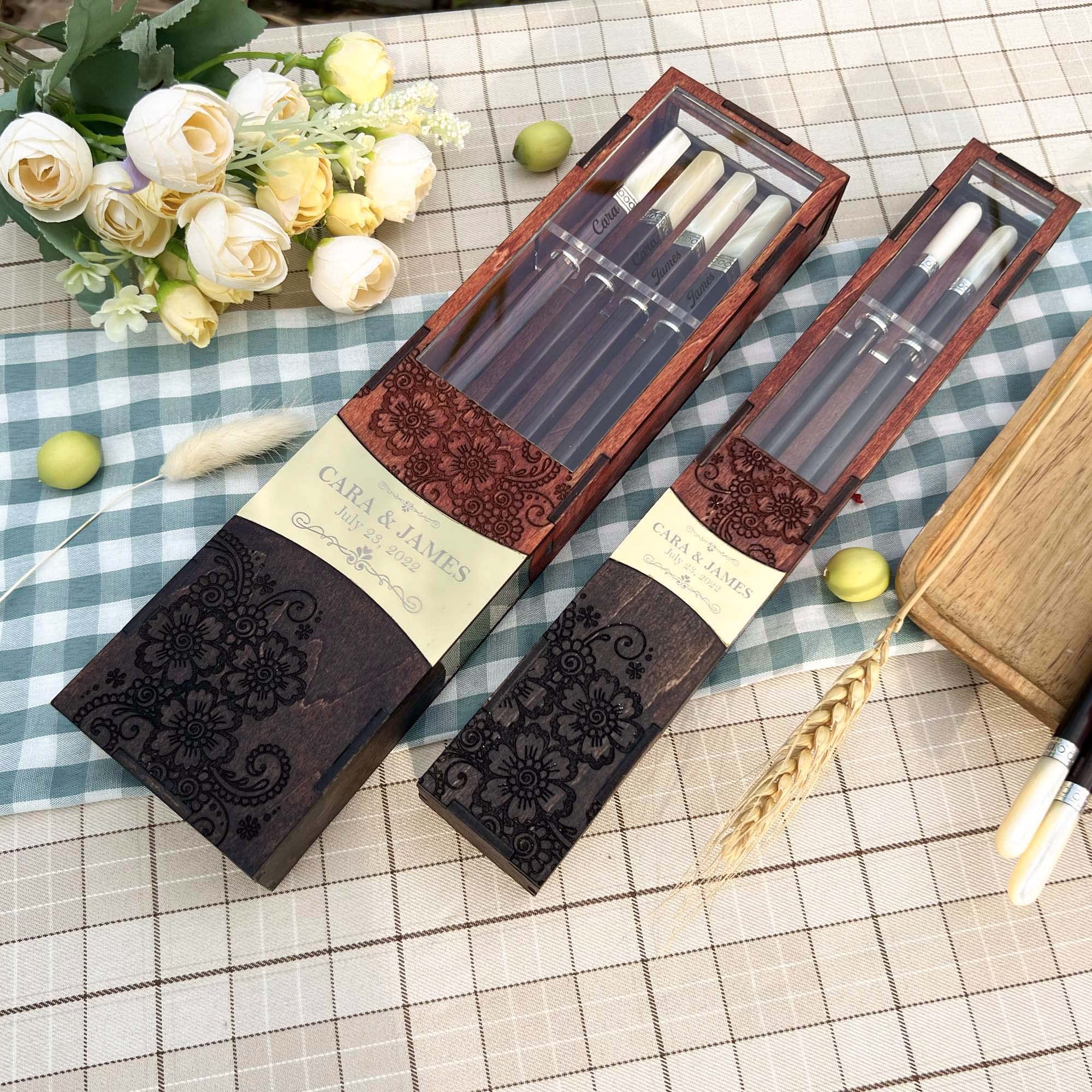 Personalized Premium Engraved Chopsticks Set for Couples - Custom Name Wedding Gift - Luxury Chopsticks with Gift Box - Perfect for Anniversaries, Bridal Showers & Newlywed Gifts (2 Pairs)