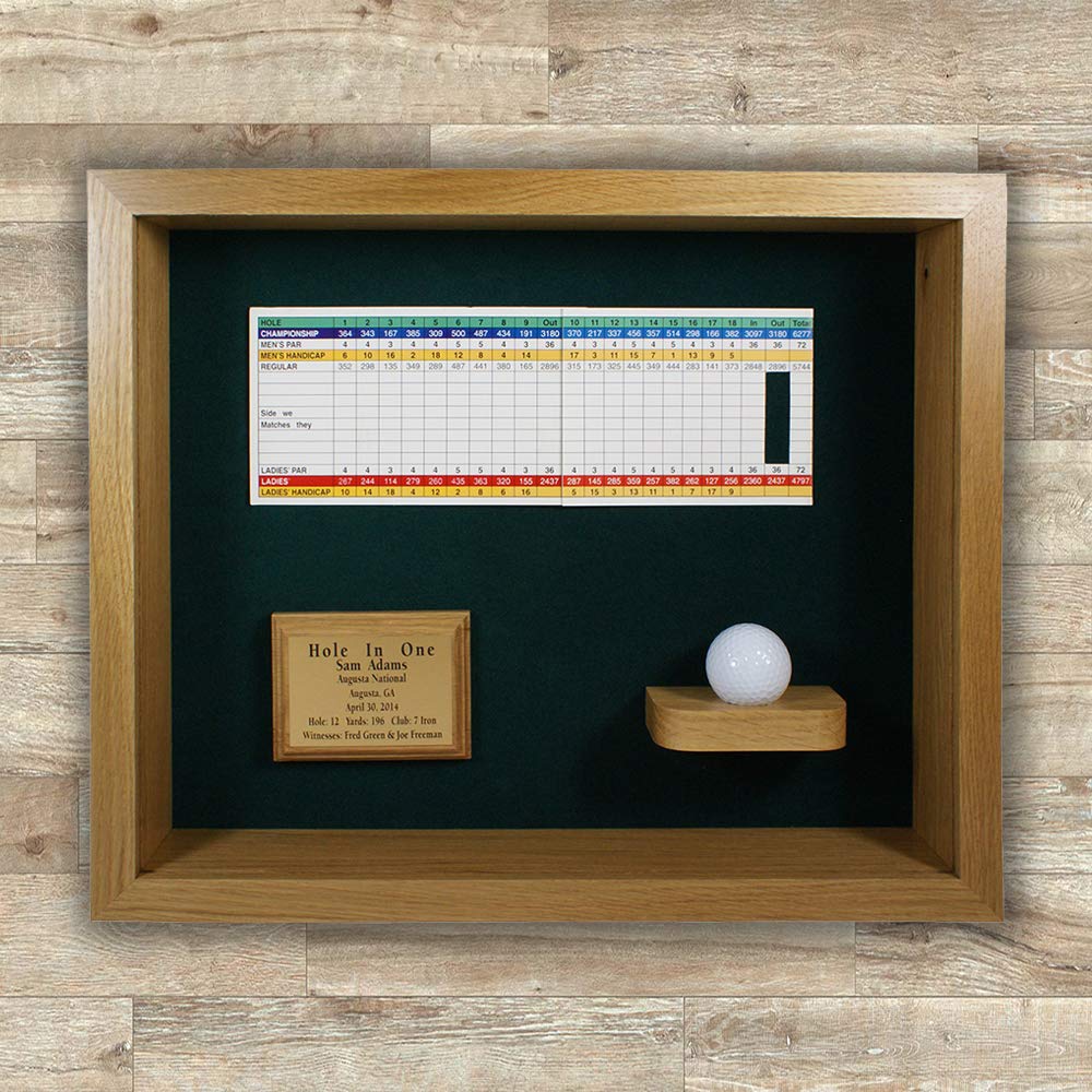 Premium Golf Hole in One Shadowbox Display Case - Personalized Engraved Wall Mount for Golf Ball, Scorecard & Photo - Horizontal Oak Wood Trophy Case for Home, Office or Clubhouse Decor