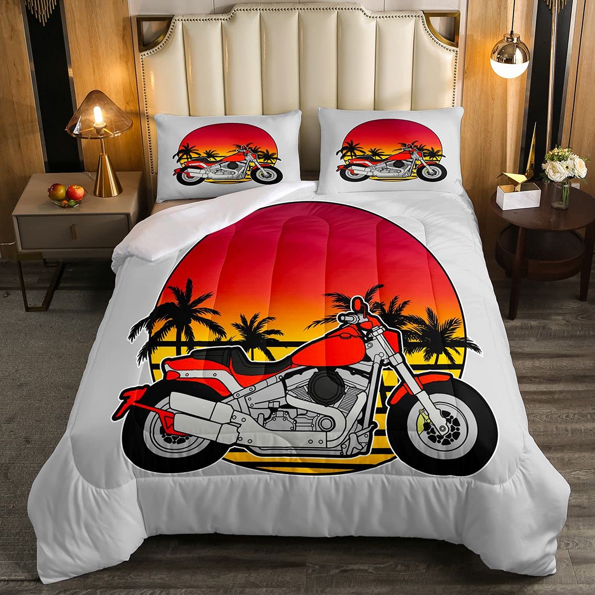 Feelyou Motocross Comforter Set - Twin Size Motorcycle Bedding for Kids & Teens - Boys Girls Extreme Sports Duvet Cover with Sunset Tree Design - Perfect for Motocross Themed Bedroom, Hawaii Vacation Room Decor & Adventure Lovers