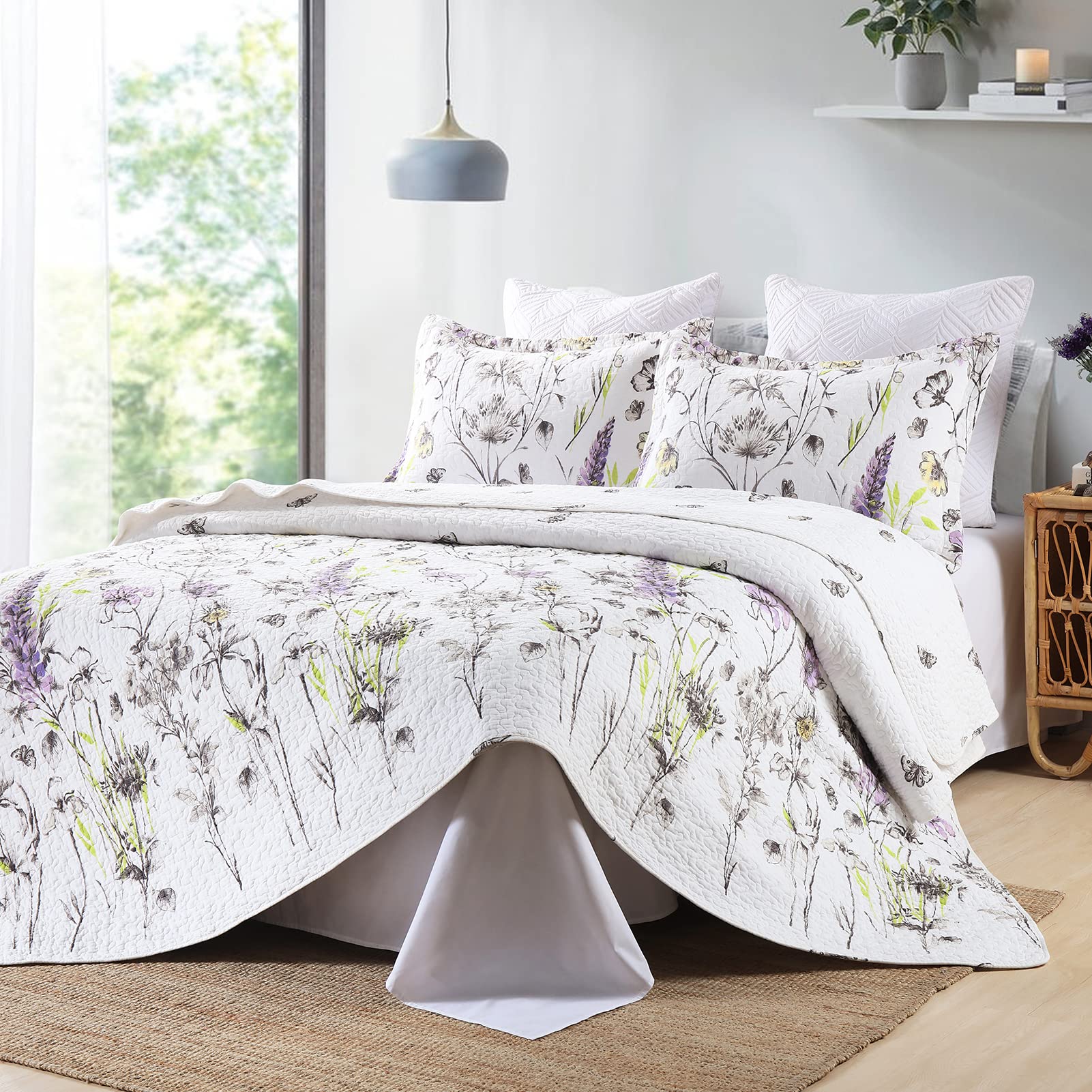 Y-PLWOMEN 100% Cotton King Size Floral Quilt Set - White Purple Lightweight Soft Bedspread for All Seasons (3-Piece) | Perfect for Master Bedroom, Guest Room & Cozy Home Decor