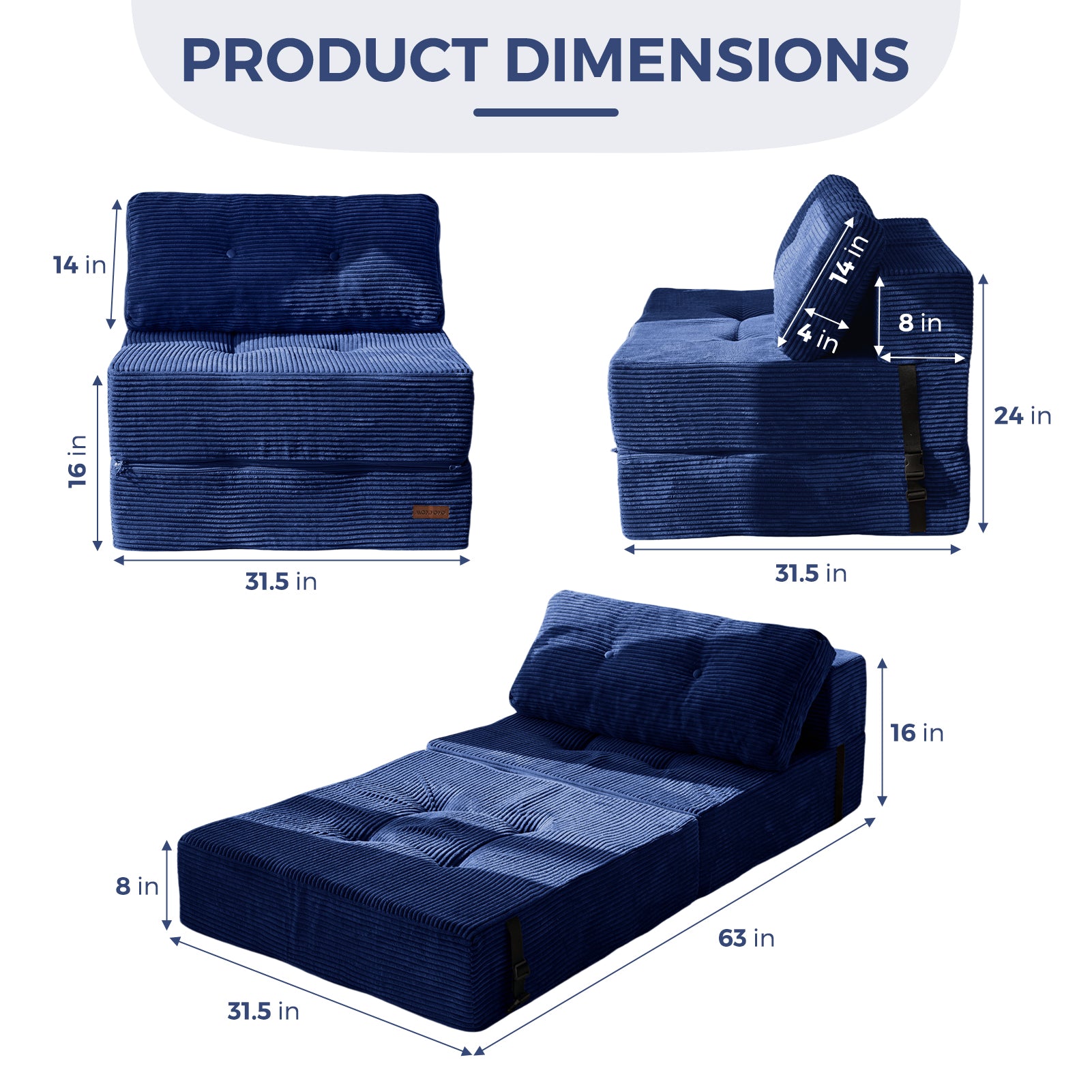 MAXYOYO Folding Sofa Bed - Convertible Sleeper Sofa with High Density Support Foam for Living Room & Bedroom - Navy Blue - Perfect for Small Spaces, Guest Rooms & Apartments
