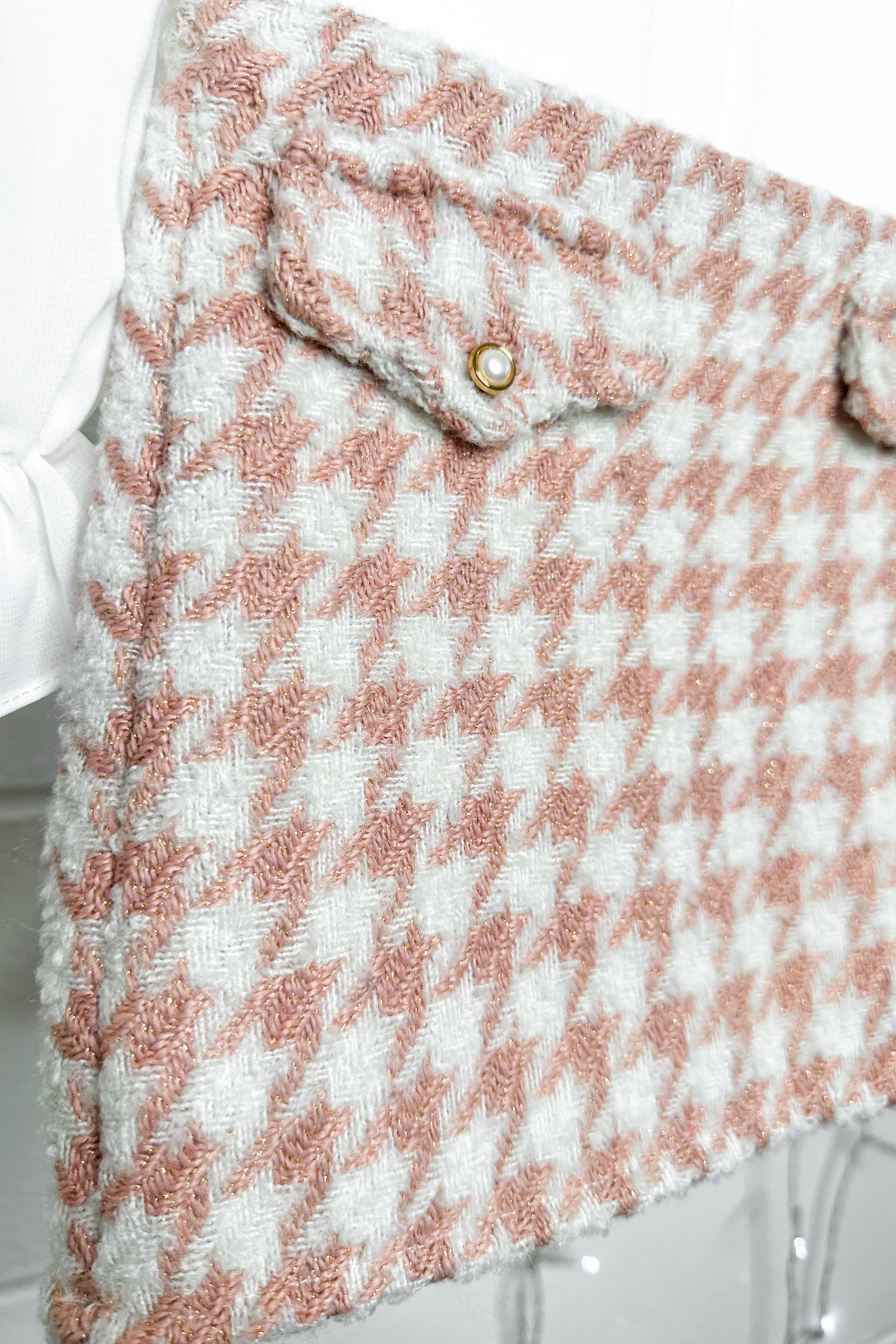 Peggy Blouse & Pink Houndstooth Knit Skirt Set - Women's Vintage Inspired Office Wear & Party Outfit for Work, Date Night and Special Occasions
