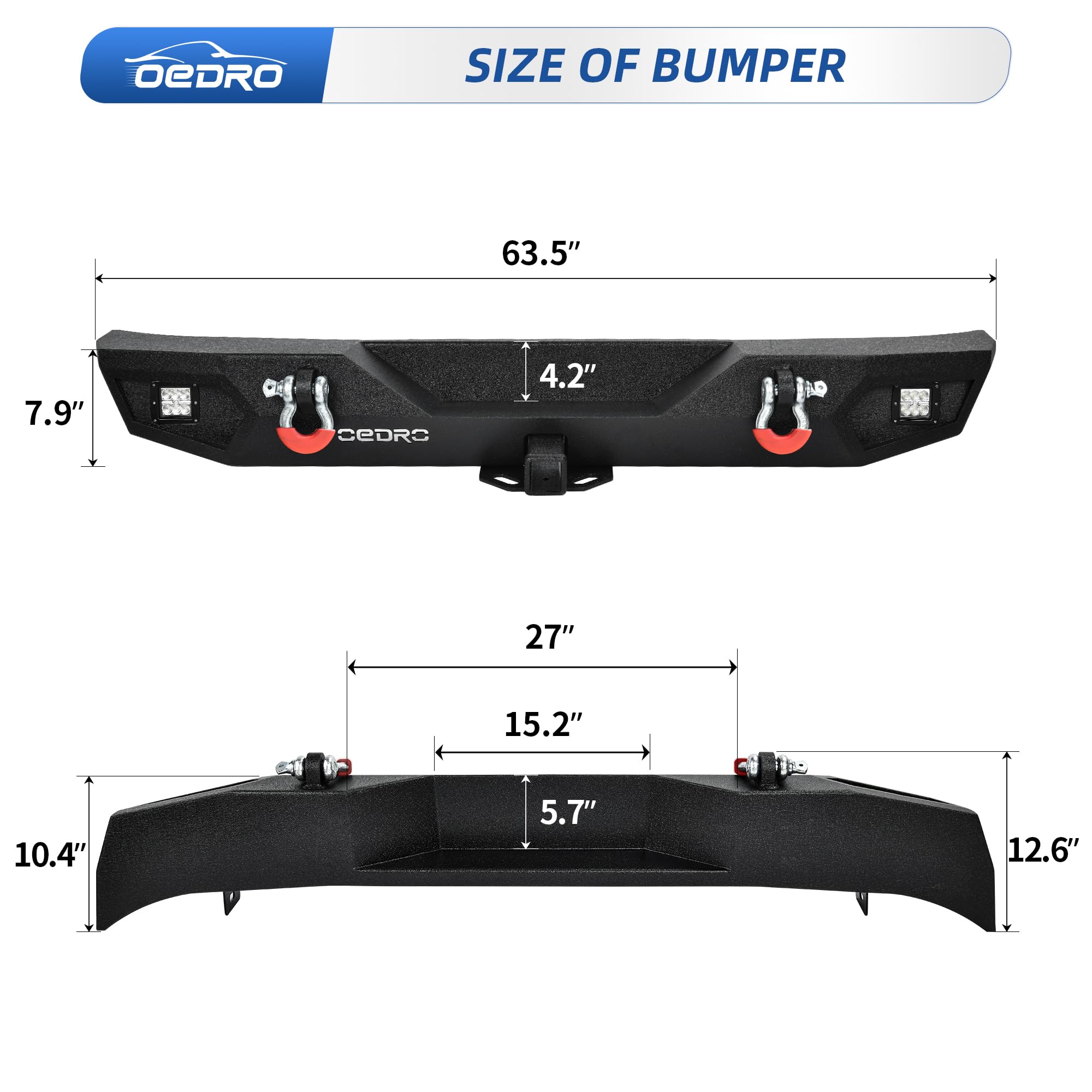 OEDRO Heavy Duty Rear Bumper for 2007-2018 Jeep Wrangler JK Unlimited - Rock Crawler Bumper with Hitch Receiver & 2X LED Lights, Off-Road Textured Black - Perfect for Off-Roading, Rock Crawling & Adventure Trail Riding