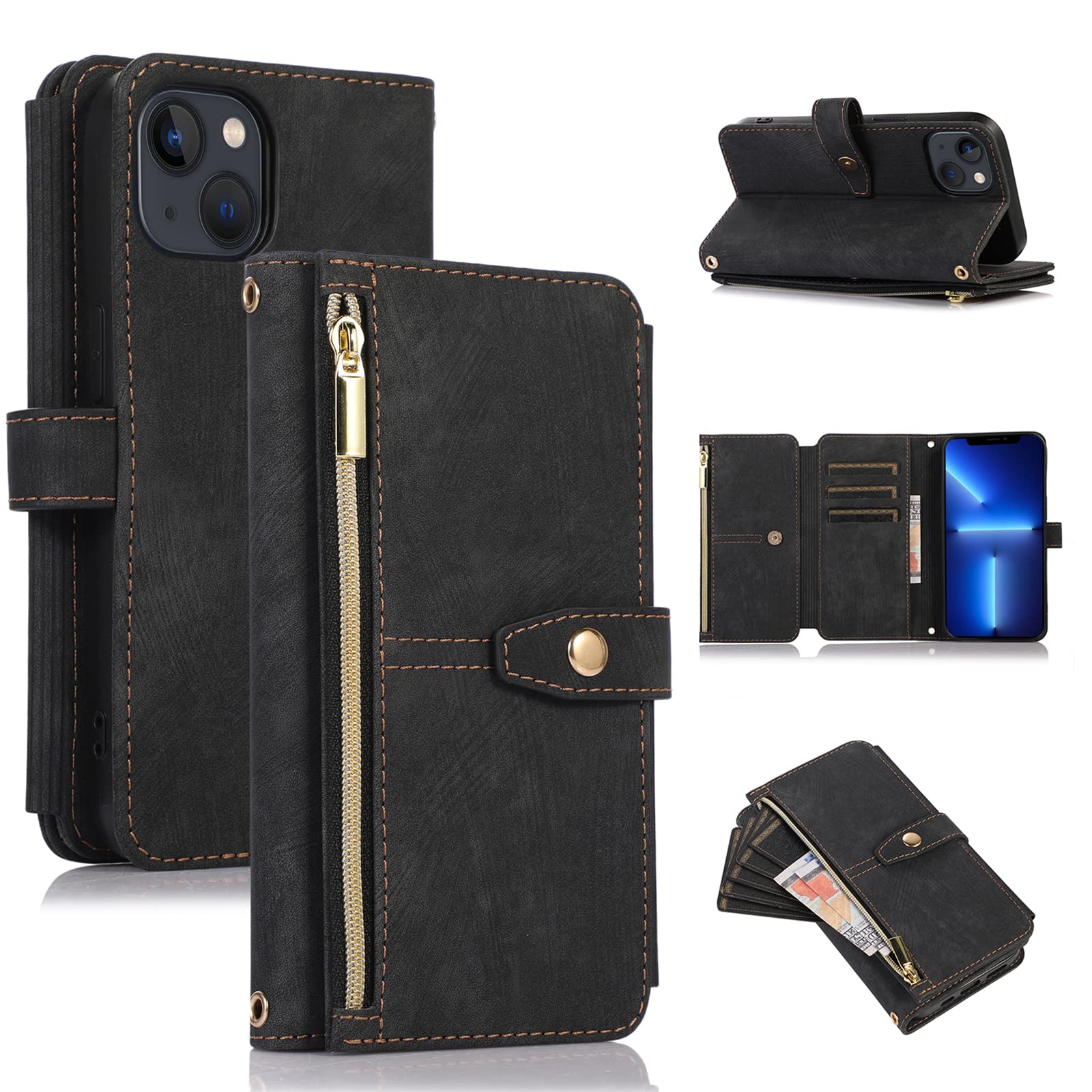 Premium Zipper Leather Wallet Case for iPhone 13 (6.1 Inch) with Wrist Strap - RFID Blocking Flip Cover Phone Case for Women & Men - Perfect for Travel, Shopping & Everyday Use (Black)