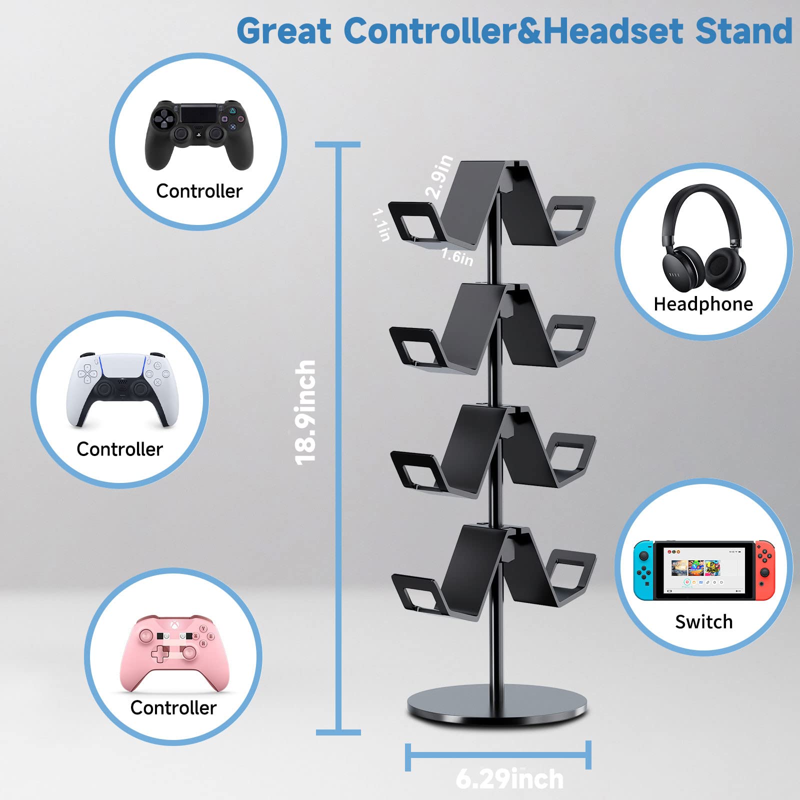 4-Tier Adjustable Controller & Headphone Stand for Xbox PS5 PS4 Switch Pro - Universal Gaming Accessories Organizer with Desk/Floor Mount - Perfect for Gaming Setup & Home Office (Black)