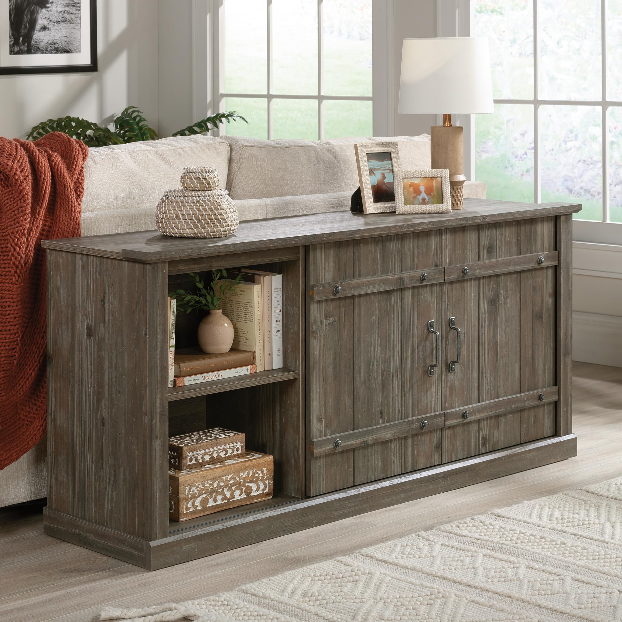 Sauder Entertainment Credenza TV Stand with Storage - Pebble Pine Finish for Living Room, Bedroom, or Home Theater