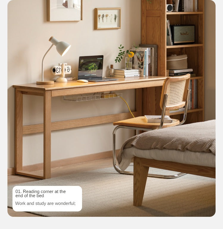 Solid Oak and Poplar Wood Long Narrow Desk - Modern Minimalist Home Office Writing Table for Small Spaces | Perfect for Study, Work, and Laptop Use