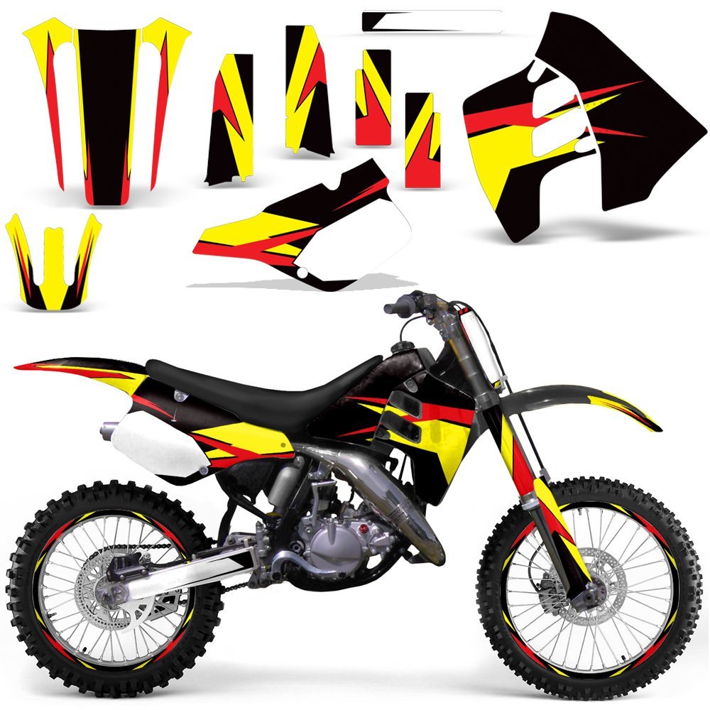Premium MX Dirt Bike Graphics Kit - Full Sticker Decal Set with Rim Trim & Number Plates for Suzuki RM 125/250 (1990-1992) - Vibrant Yellow, Red & Black Design - Off-Road Racing & Motocross Customization
