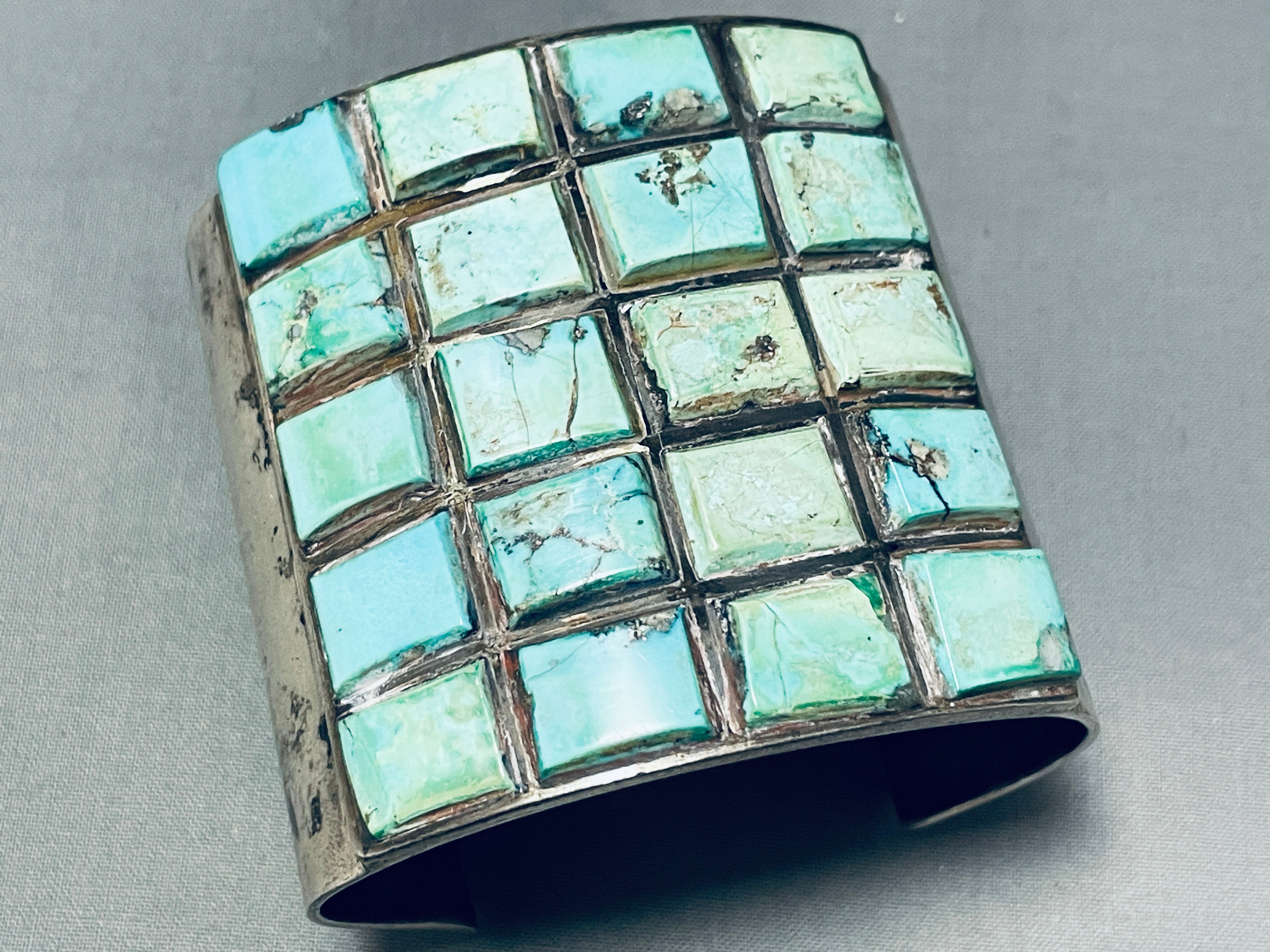 175 Grams Vintage Native American Navajo Checkerboard Turquoise Sterling Silver Bracelet