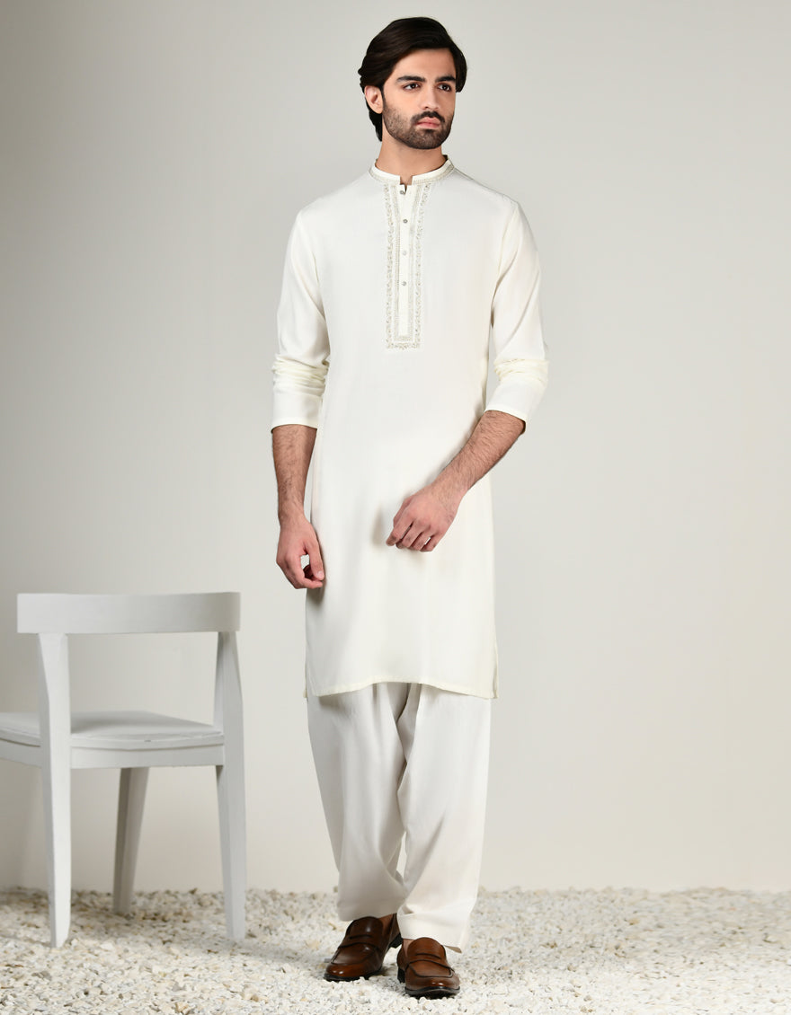 Stylish Blended White Shalwar Kameez by J. Junaid Jamshed - Premium Pakistani Traditional Outfit for Men - Perfect for Weddings, Eid & Special Occasions