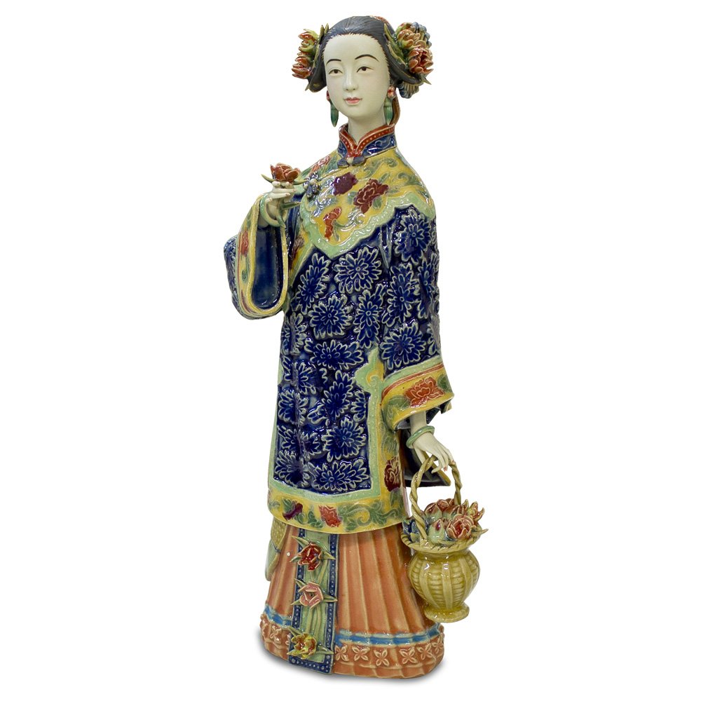 Chinese Porcelain Figurine - Elegant Lady with Flower Basket | Handcrafted Home Decor | Perfect for Living Room Display & Gift Giving