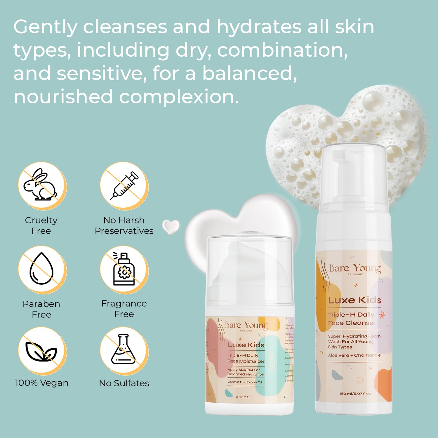 Bare Young Kids Skincare Set - Gentle Face Wash & Moisturizer for Daily Care