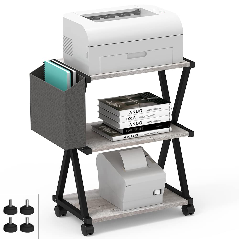 VEDECASA 3-Tier Mobile Printer Stand with Storage Bag - Greige Wood & Metal Frame Rolling Cart for Home Office - Under Desk Printer Organizer with Casters - Perfect for Small Spaces & Workspaces