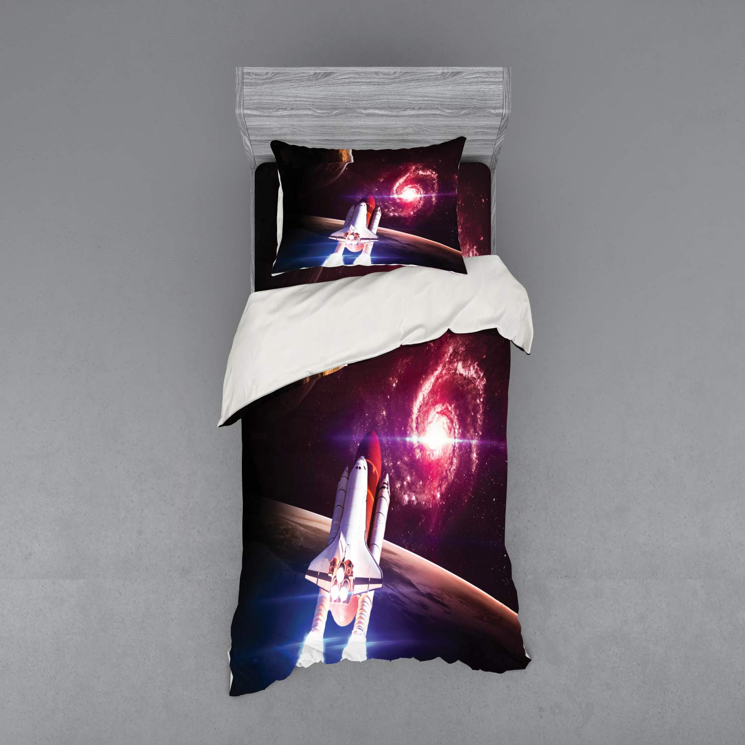 Ambesonne Galaxy Bedding Set - Twin XL 3-Piece Duvet Cover with Sham & Fitted Sheet, Spaceship & Milky Way Design in Magenta & White - Perfect for Space-Themed Bedrooms, Kids Rooms & Sci-Fi Decor